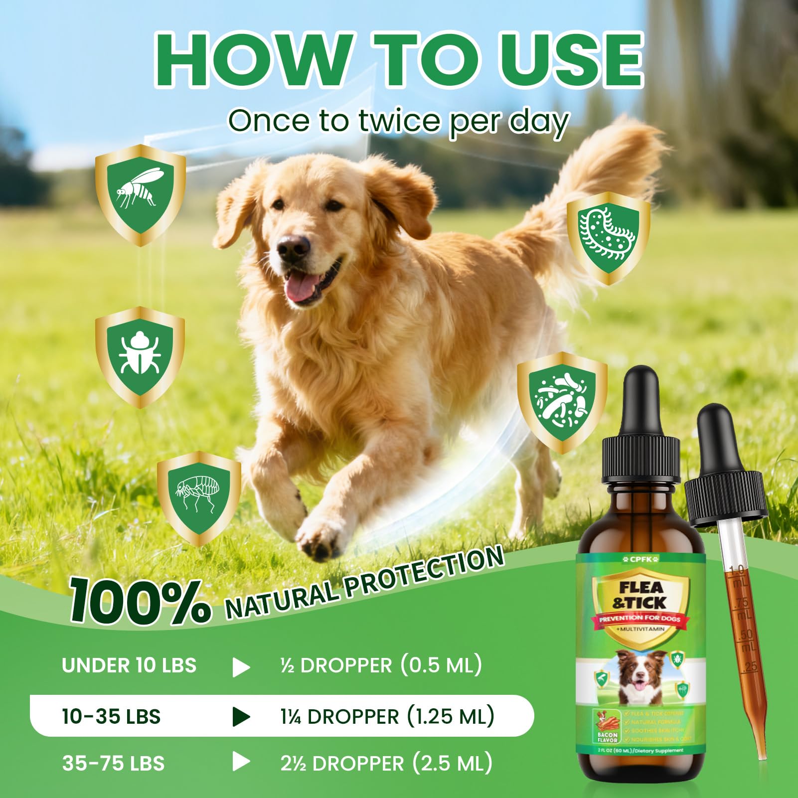 Fórmula natural con vitaminas para el cuidado de perros.