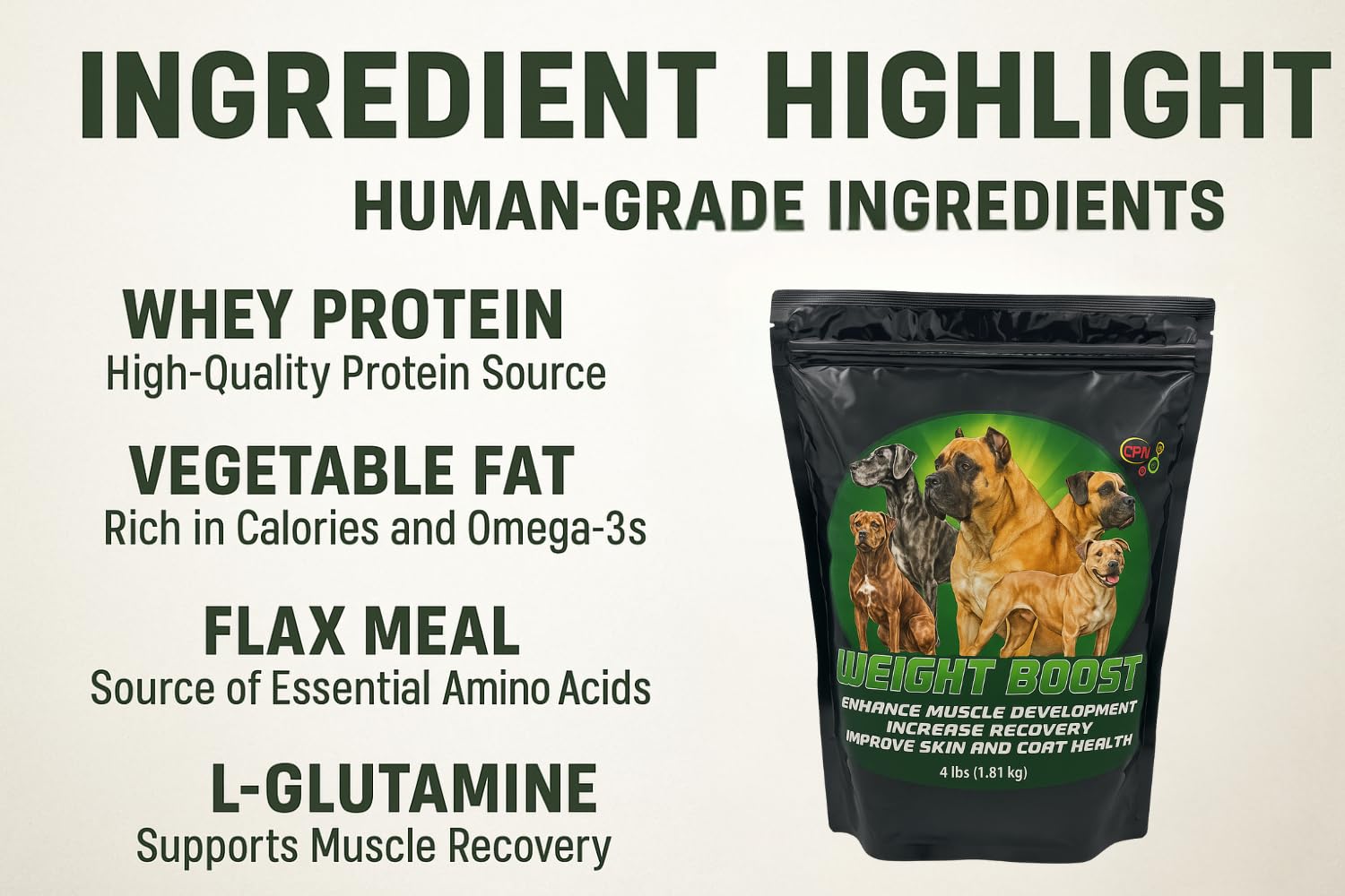 CPN Weight Boost: L-Glutamina para perros, apoyo digestivo y recuperación muscular.