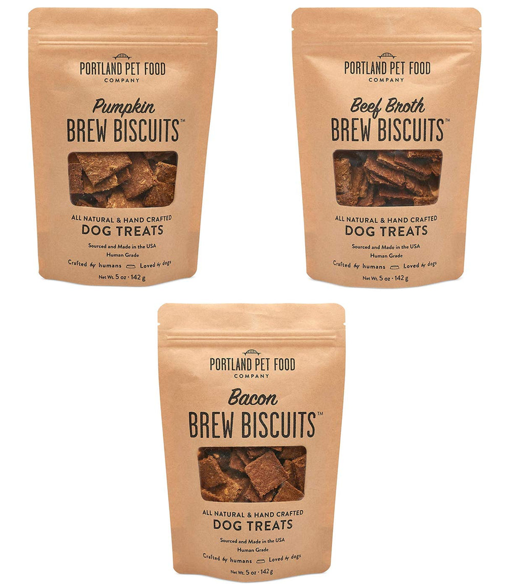 Pack Brew Biscuit de Portland Pet Food Company, galletas naturales para perros, mezcla de sabores.