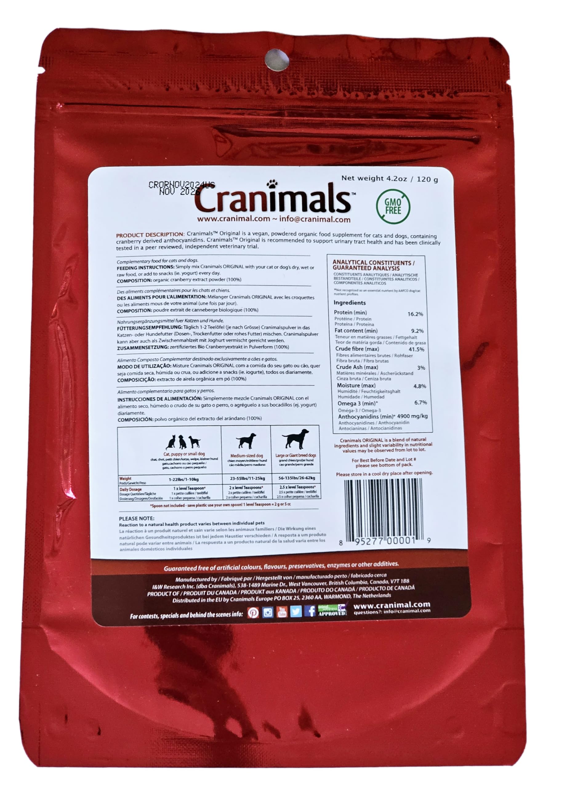 Cranimals ingrediente único de arándano para promover salud urinaria.