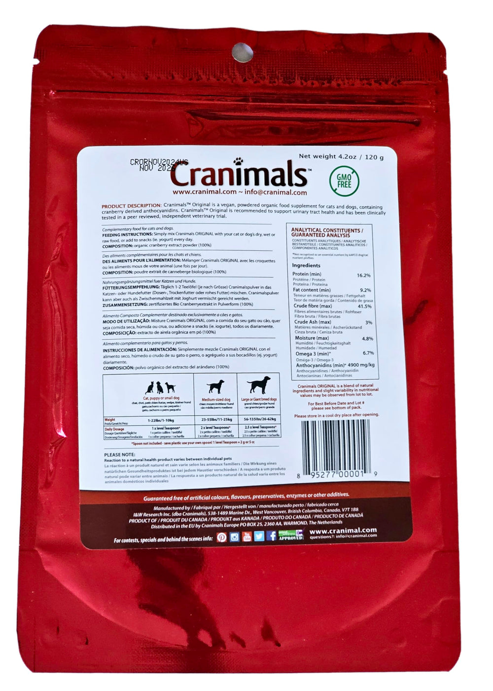 Cranimals ingrediente único de arándano para promover salud urinaria.