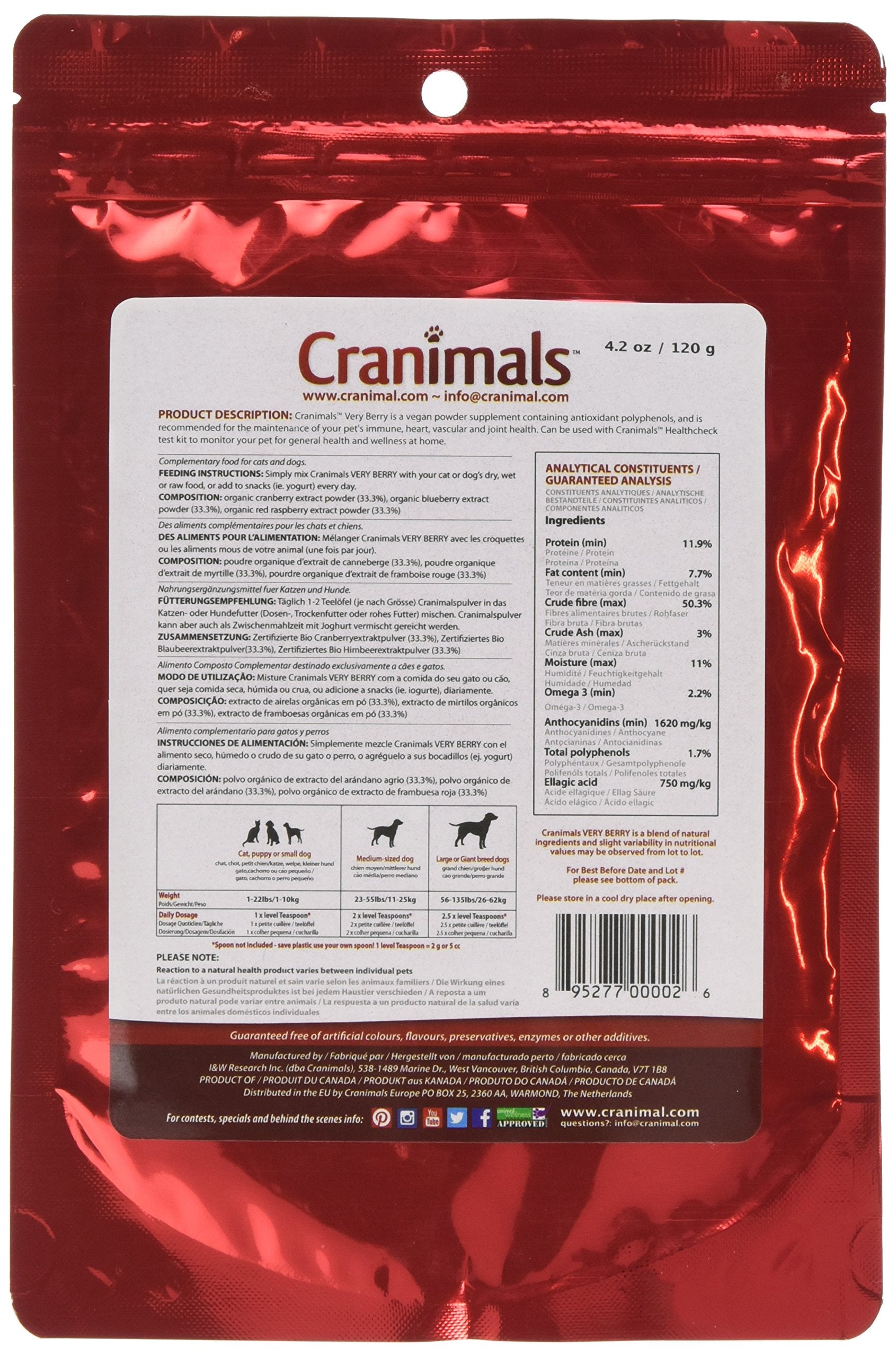 Cranimals Very Berry ingredientes naturales: arandano rojo, frambuesas y arandanos para la dieta diaria.