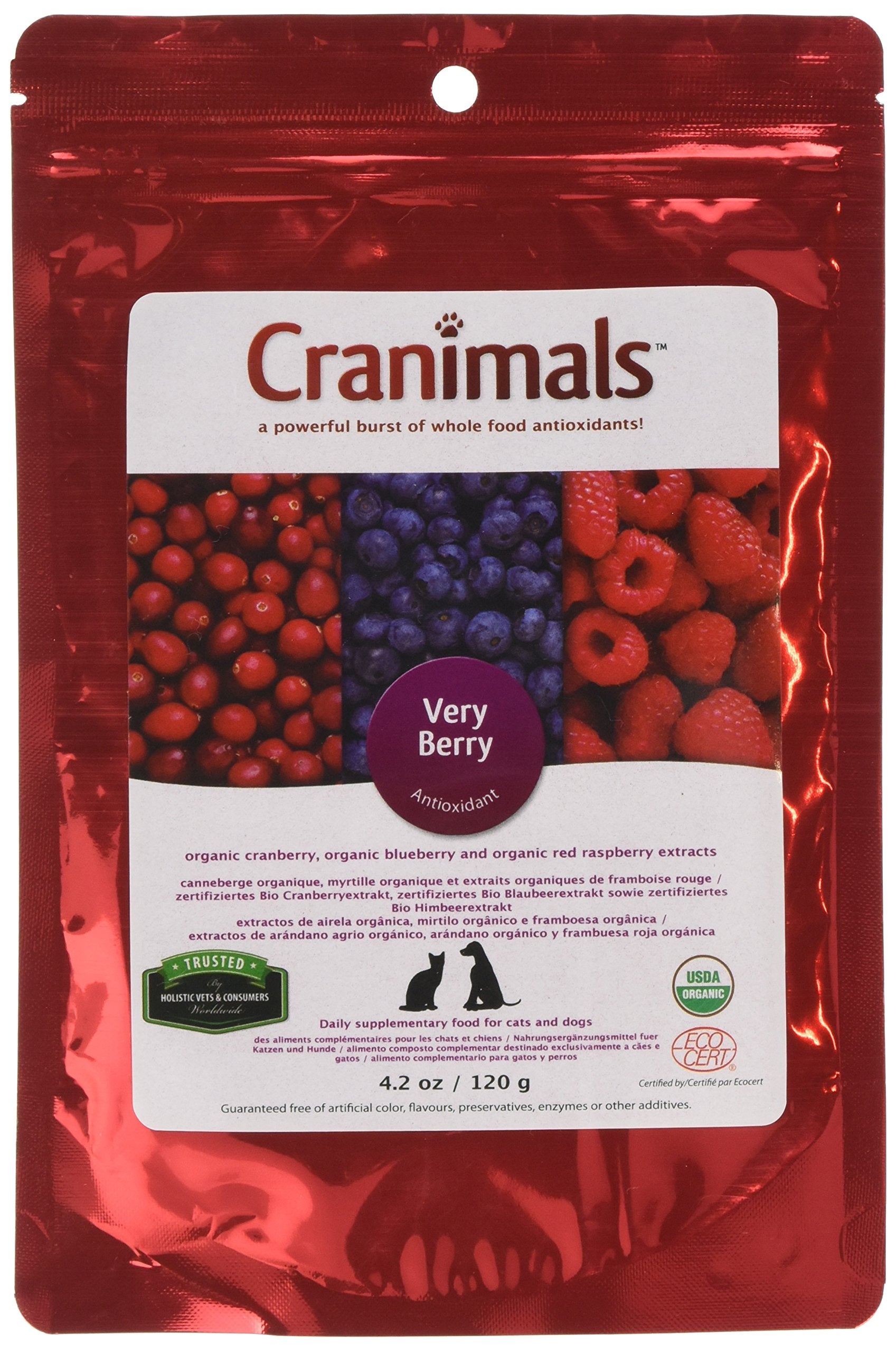 Cranimals Very Berry polvo antioxidante para perros y gatos en práctico empaque de 120 g.