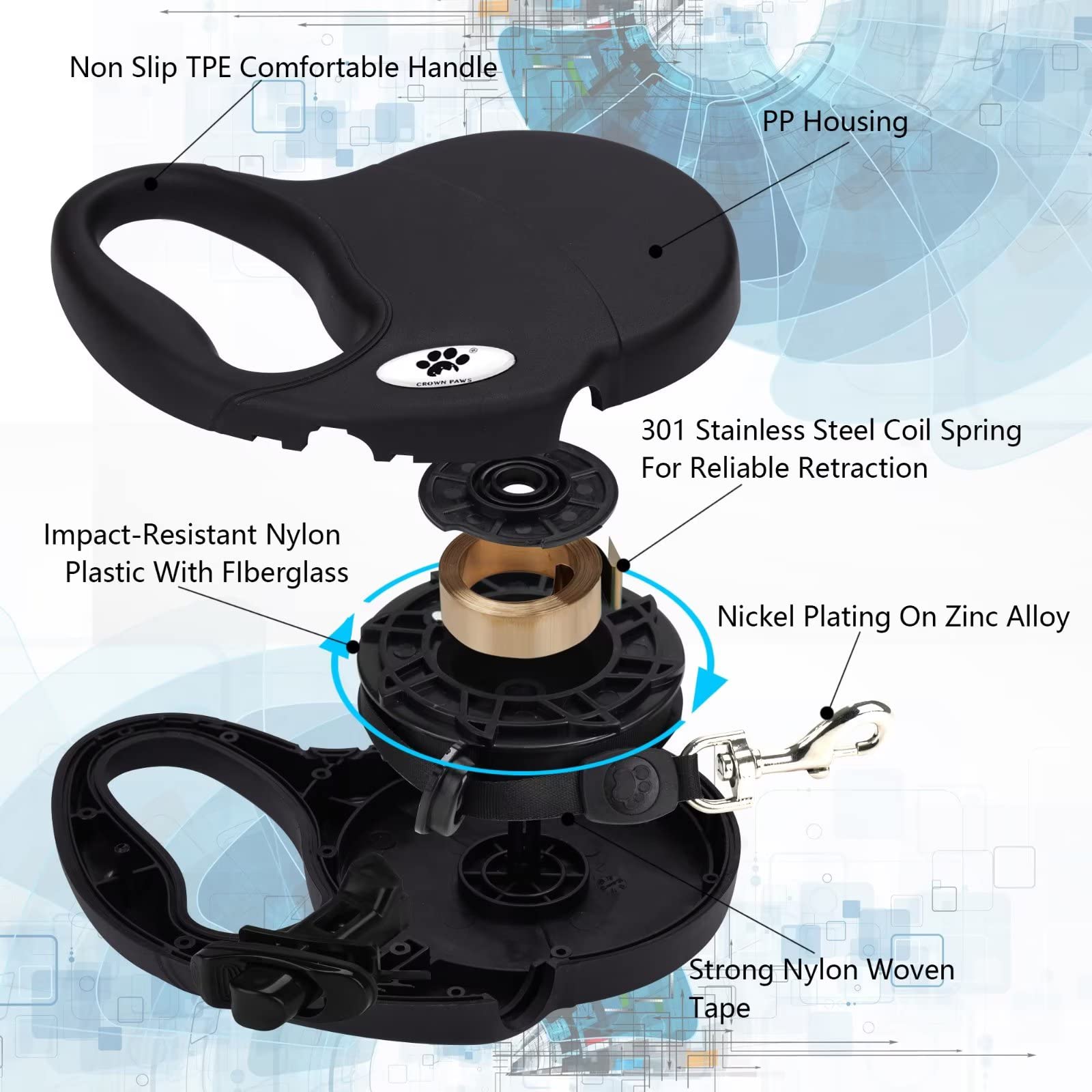 Gancho 360 grados inoxidable de Crown Paws para rotación suave.
