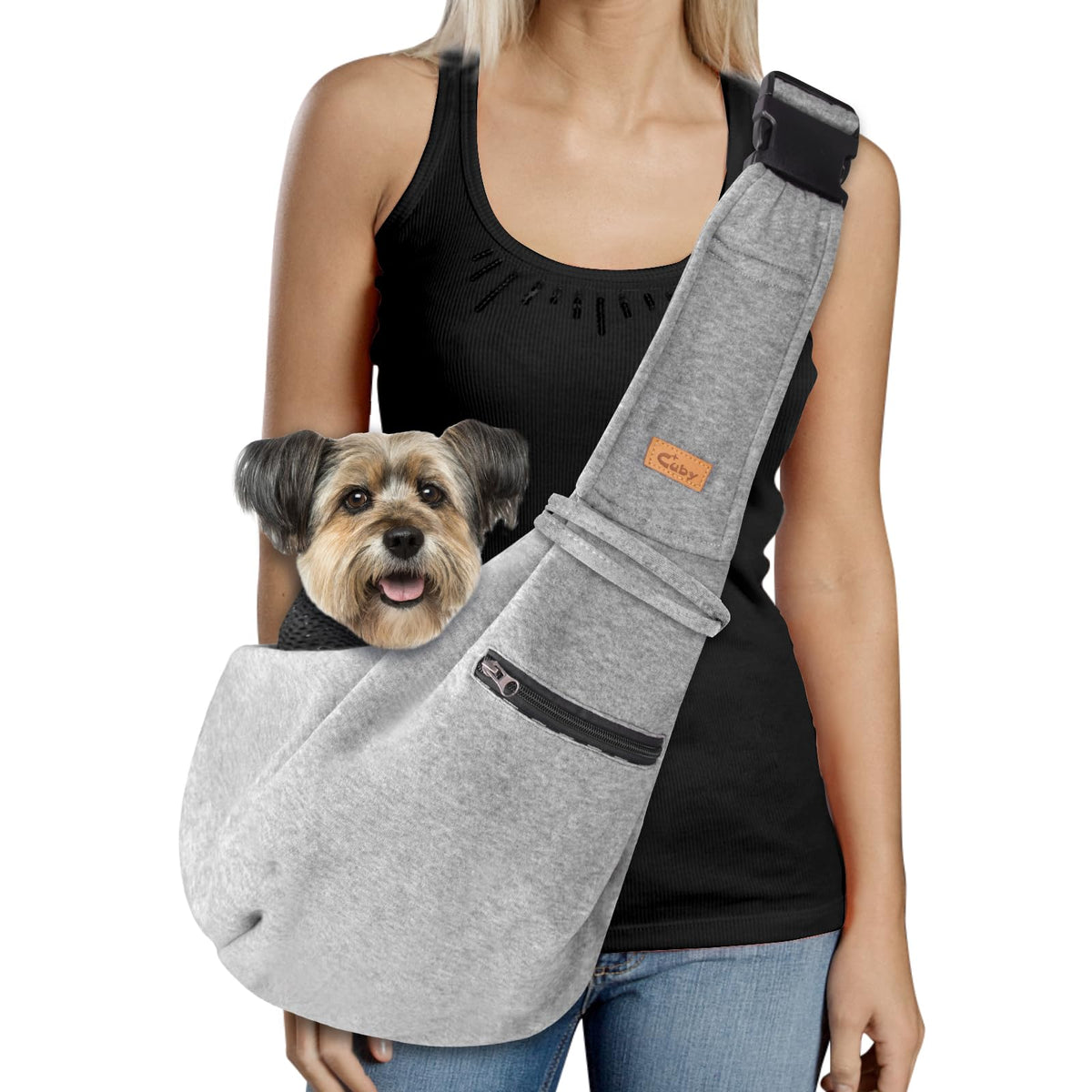 Cuby bandolera para perro pequeño con ajuste de correa para mayor seguridad.