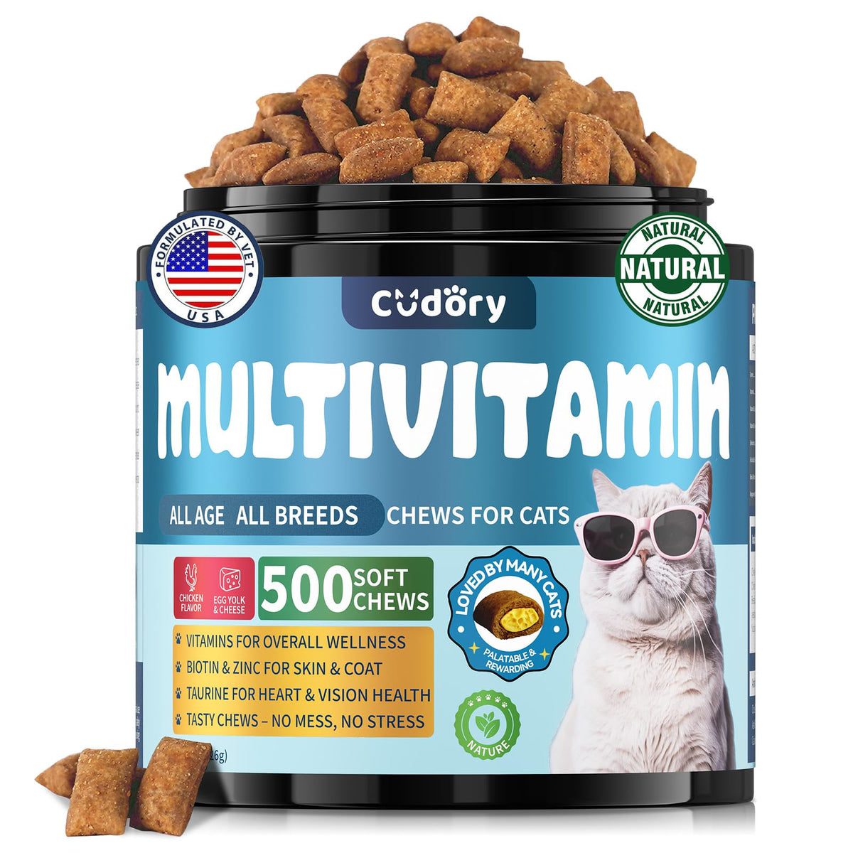 Cudory multivitamínico para gatos, envase de queso, ideal para apoyar la energía diaria.