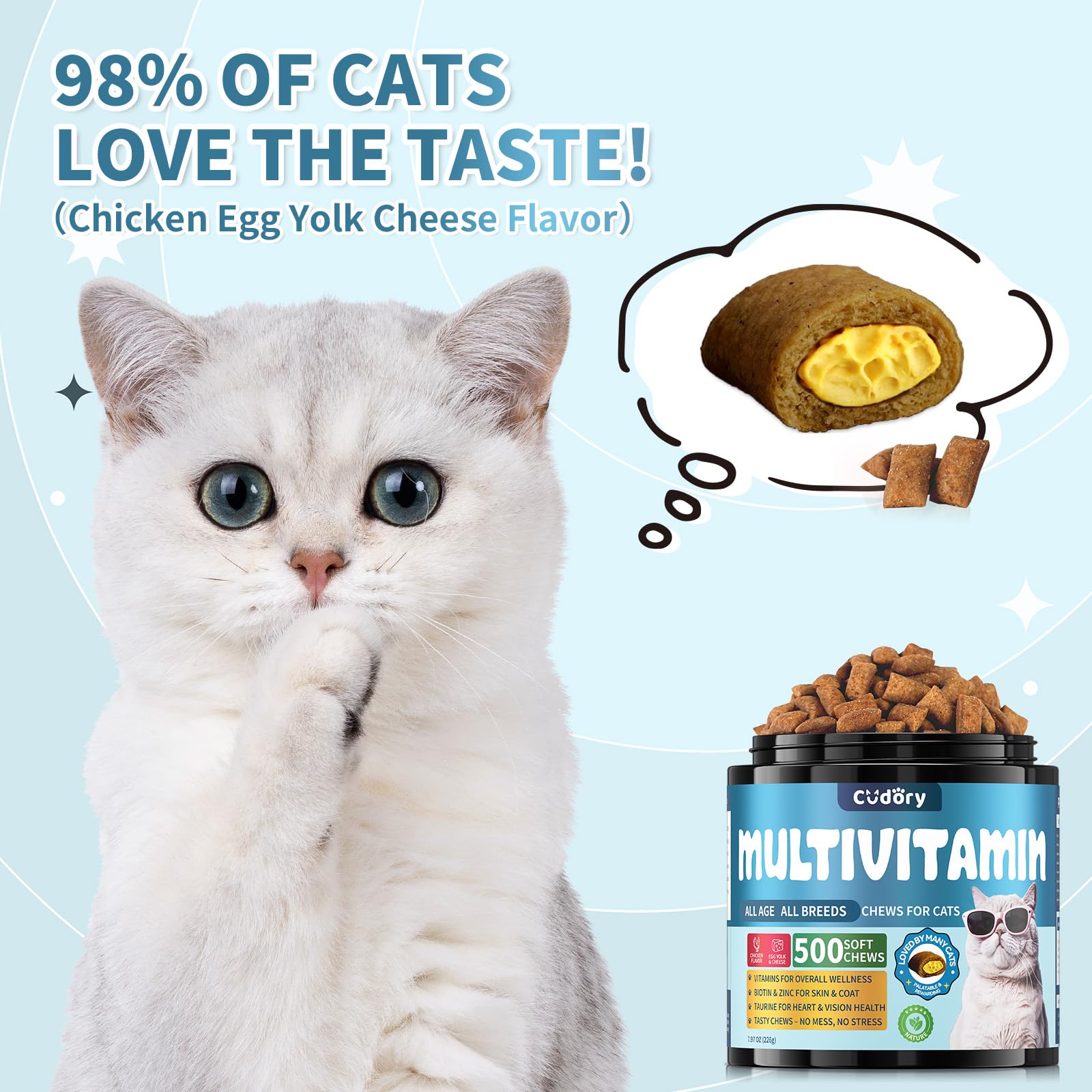 Cudory multivitamínico para gatos, chews suaves con centro relleno.