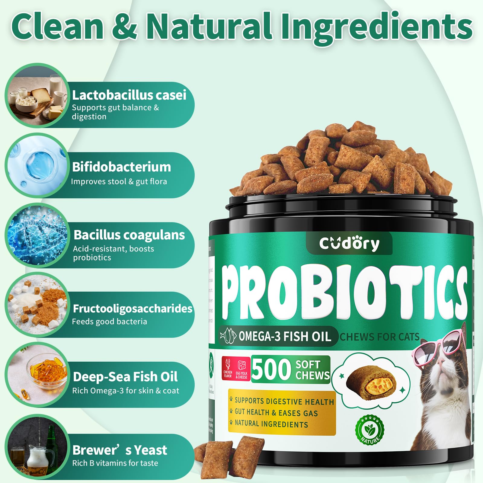 Cudory probióticos para gatos: aceite de pescado omega-3 cuida piel y pelo