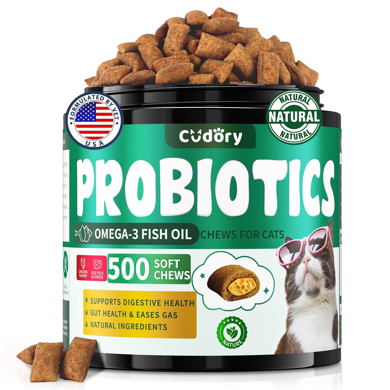 Cudory probióticos para gatos: textura dual crujiente y cremosa para mayor aceptación