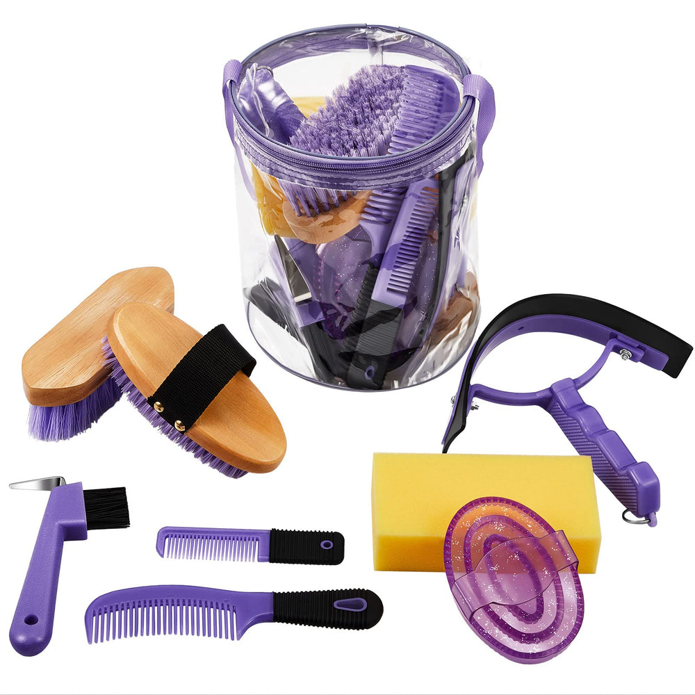 Conjunto Cunhill de cuidado equino con bolsa, ideal para sesiones de aseo en el establo.
