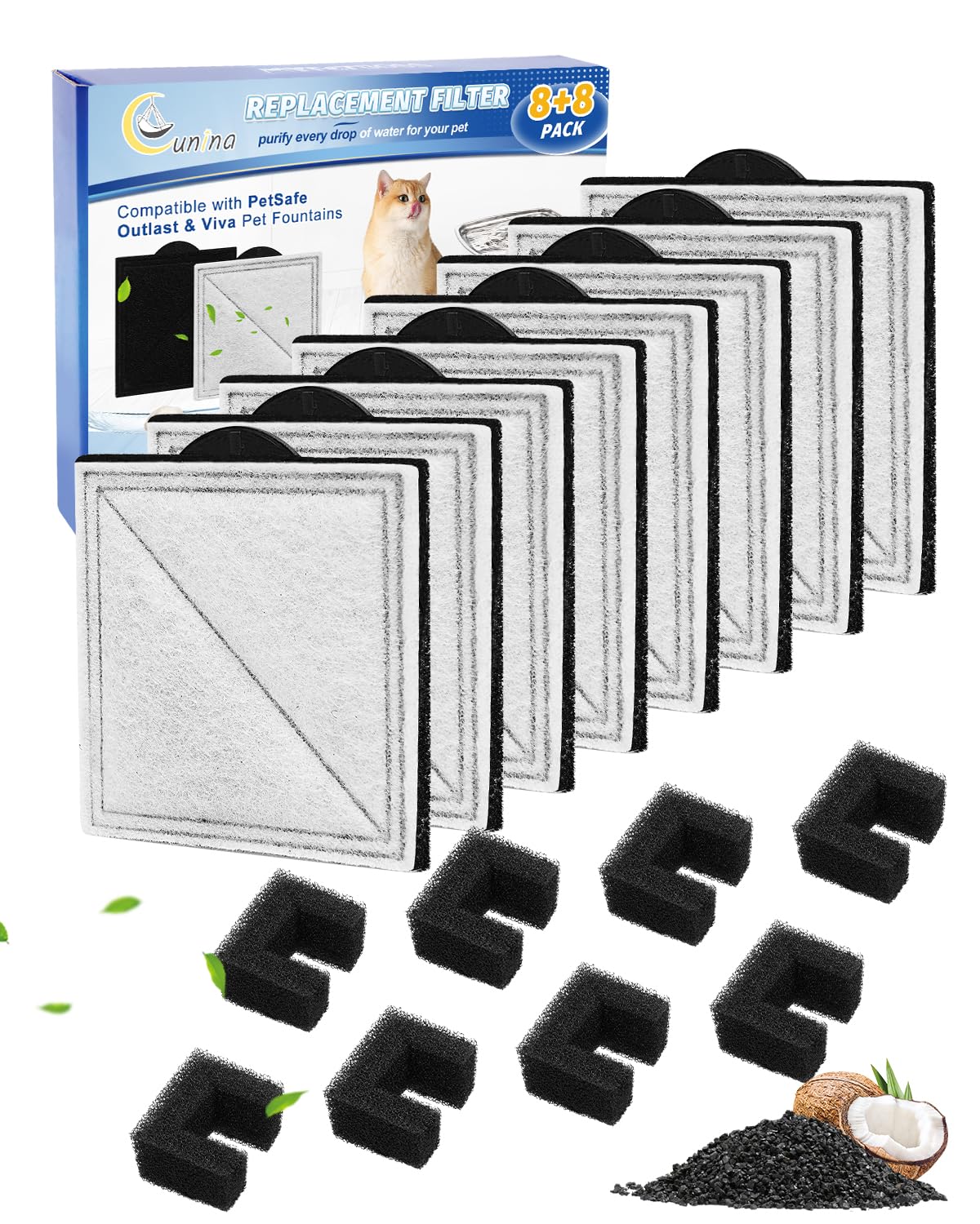 Cunina 8+8 pack de filtros para bebederos, filtración eficiente para pelo y residuos.
