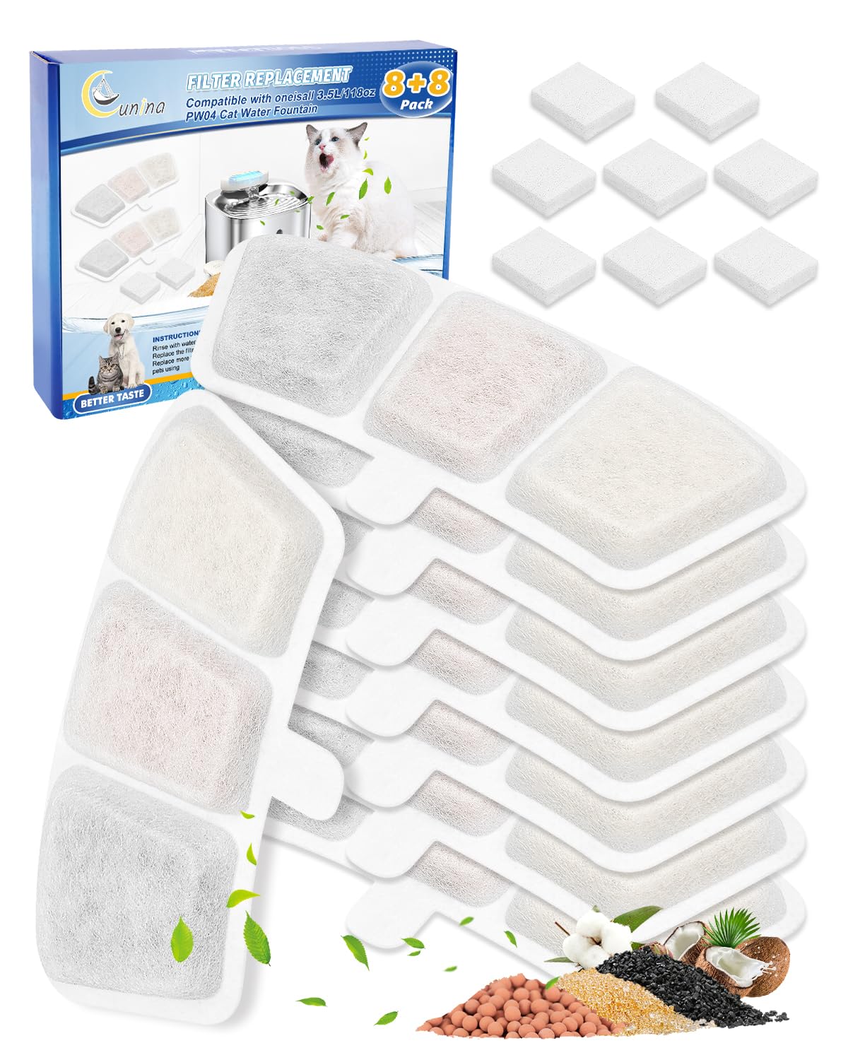 Cunina: pack 8x8 de filtros para fuente de gatos, mejora la limpieza del agua.