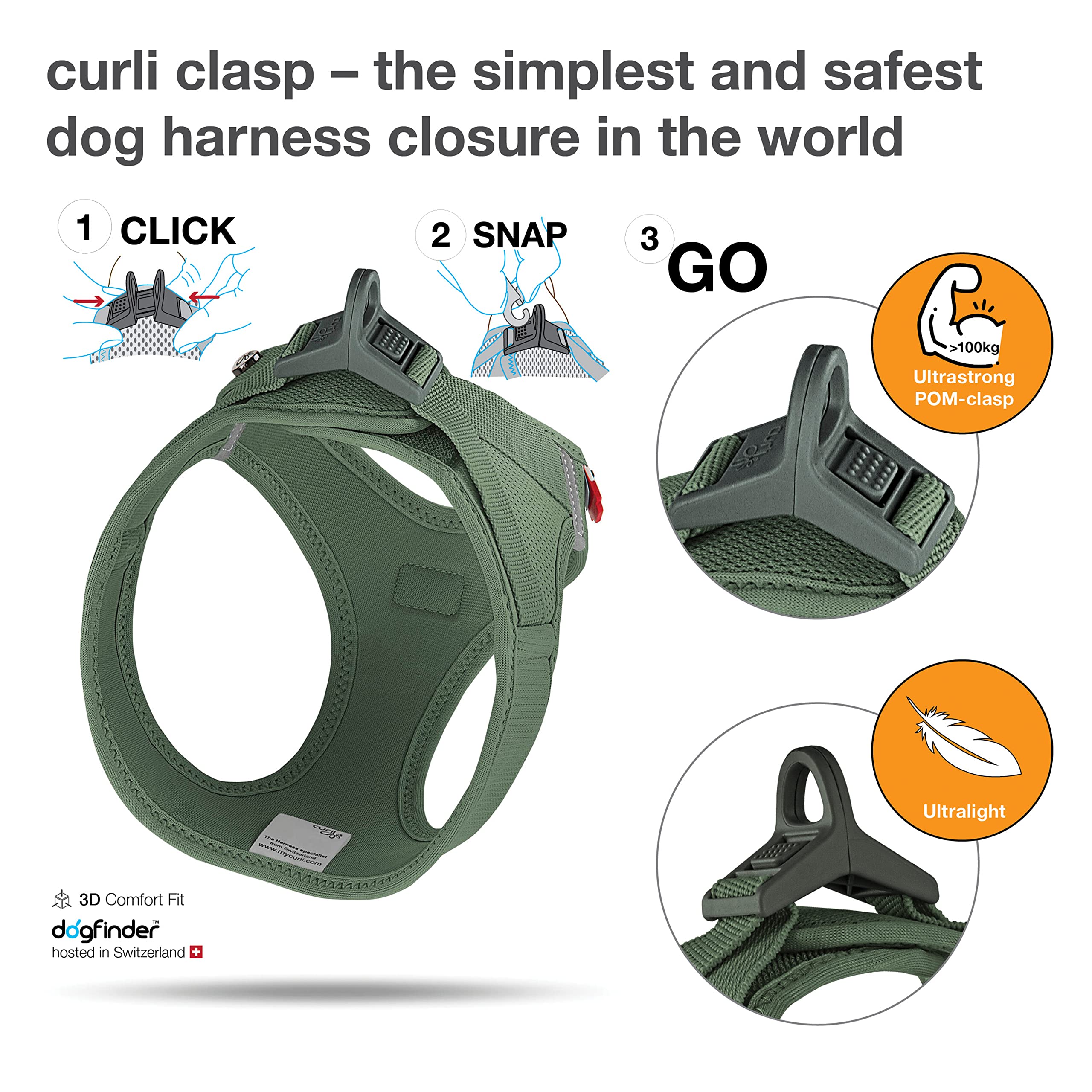 Curli Vest Harness Clasp Moss, detalle de hebilla, sujeción con una mano.