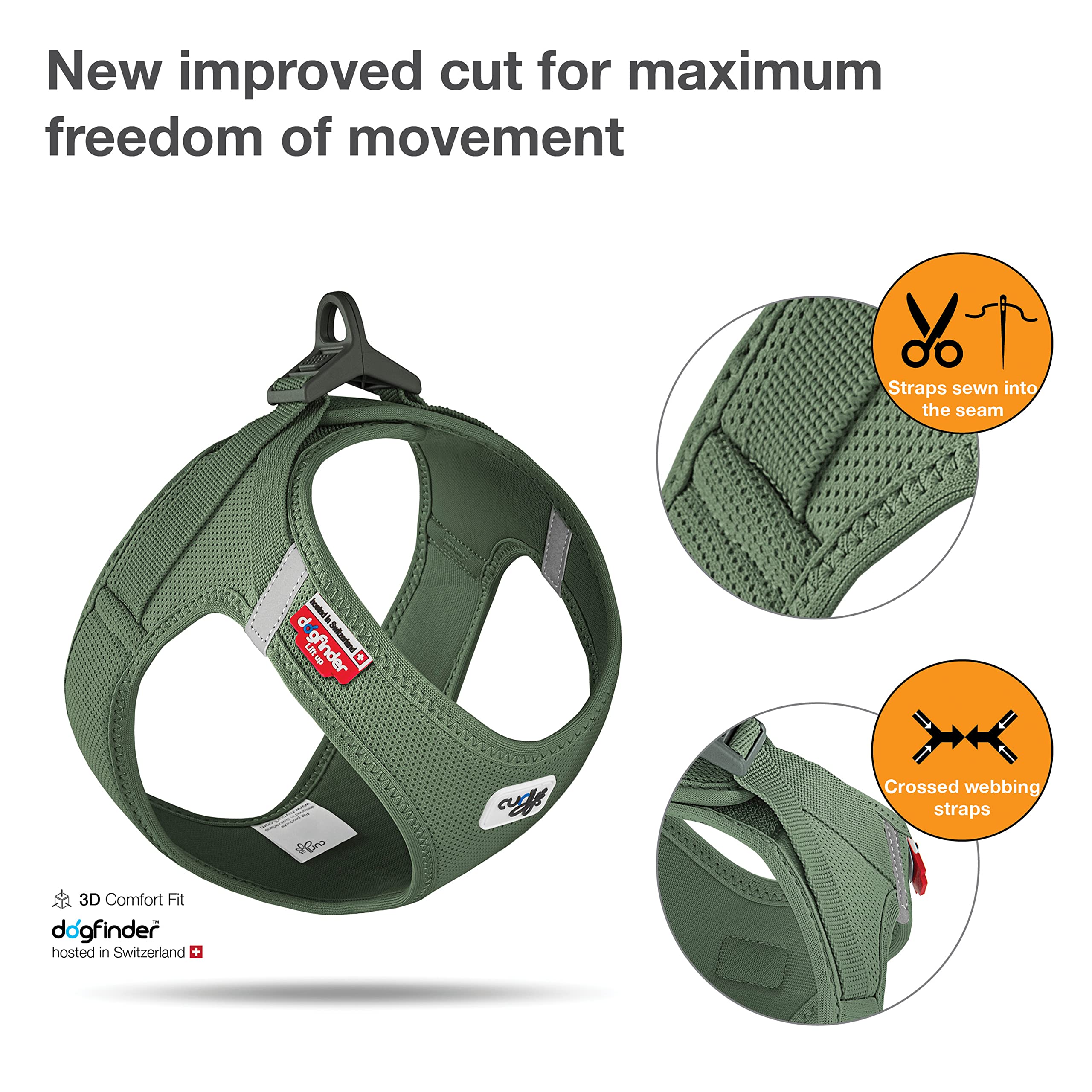 Curli Vest Harness Clasp Moss, vista lateral, libertad de movimiento durante caminatas.