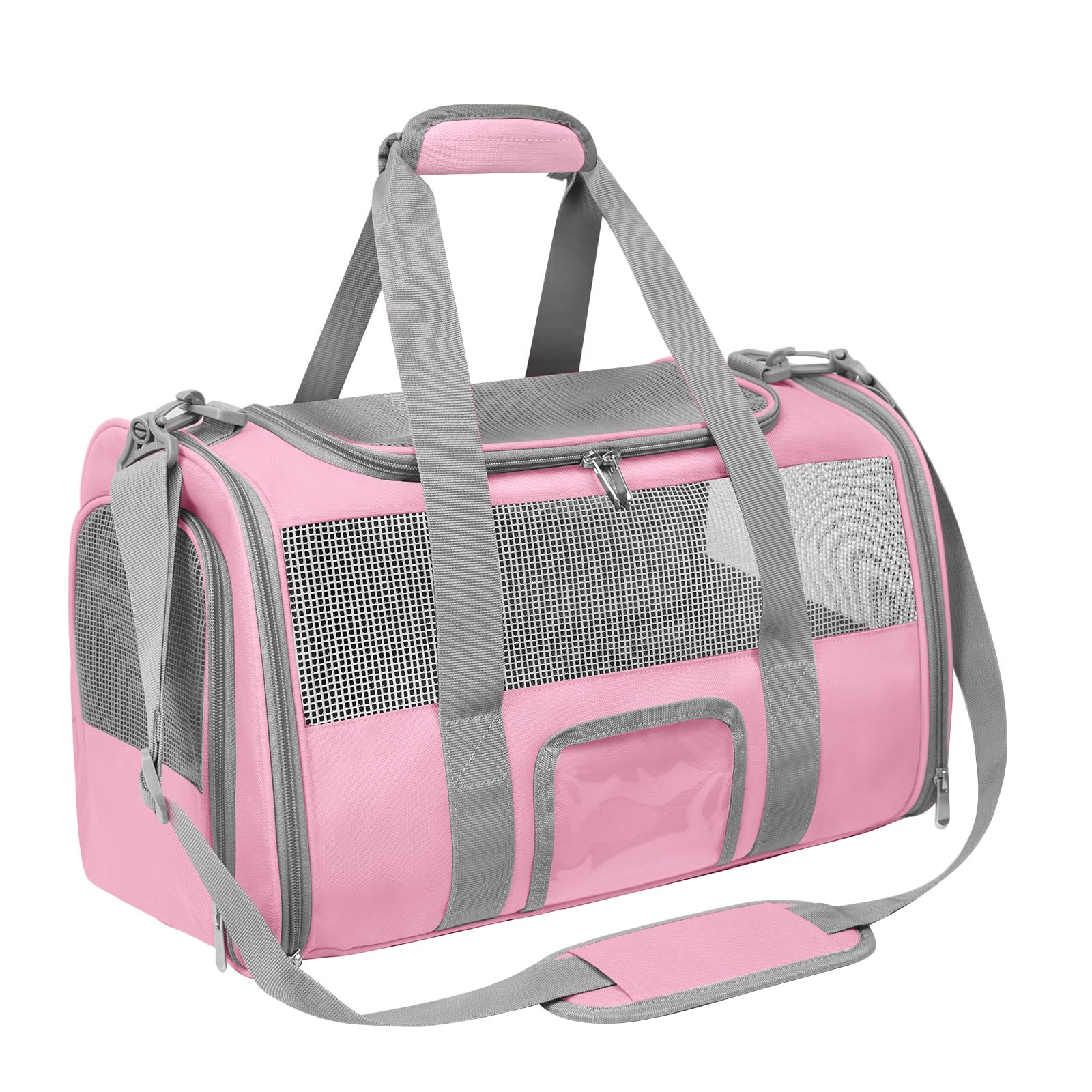 Transportín CUSSIOU para mascotas rosa gris en avión, ventilación adecuada