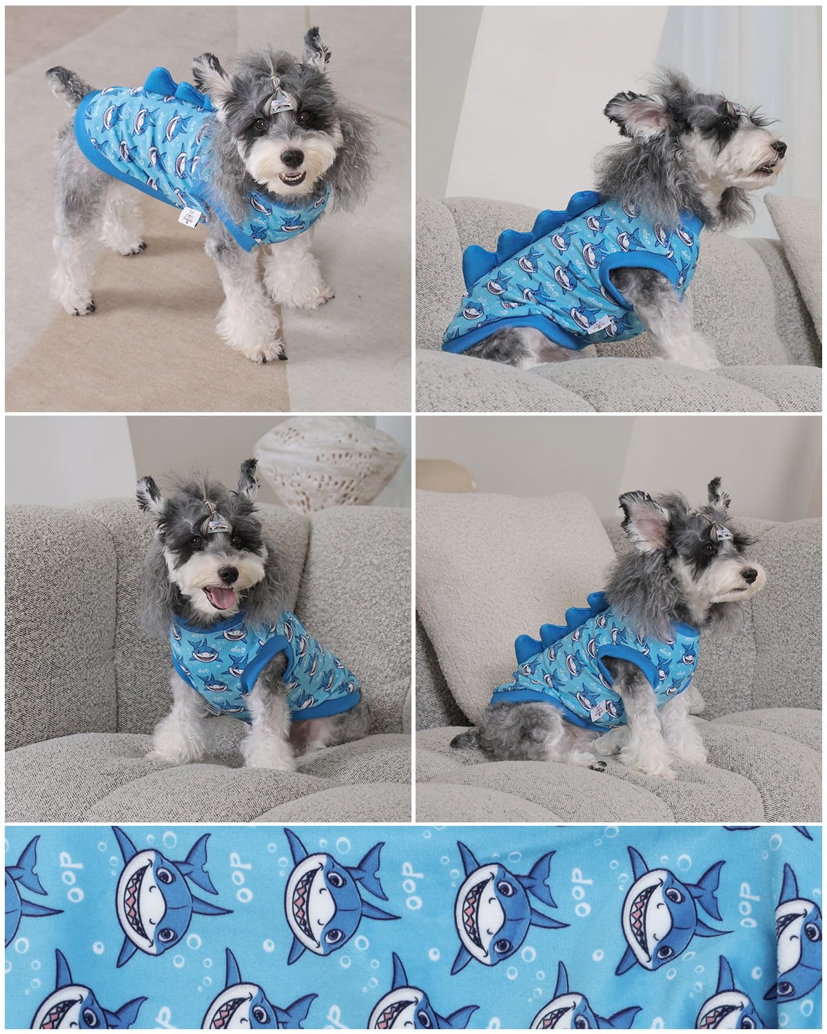 Diseño tiburón y espinas en CuteBone, camisa dinosaurio para perros activos.