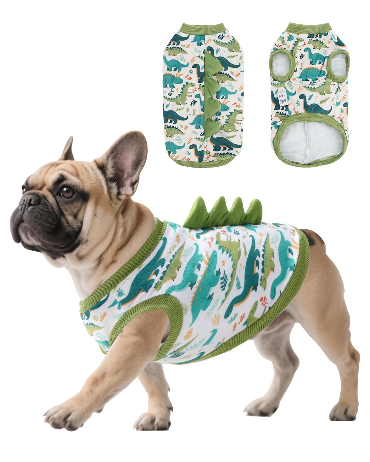 Camiseta CuteBone para perro con dinosaurio, tejido terciopelo suave y cómodo para uso diario.