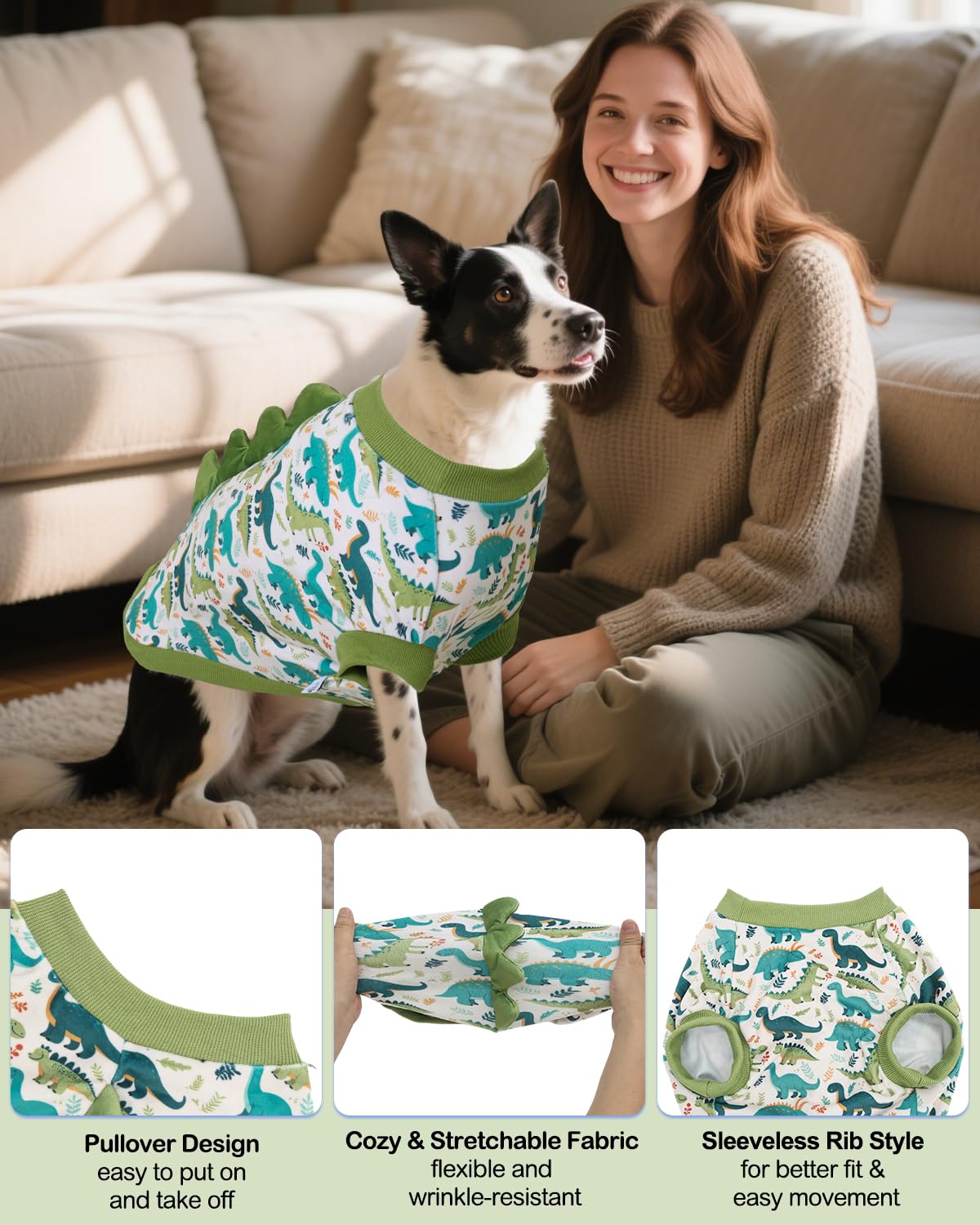 CuteBone camiseta dinosaurio para perro, tejido de terciopelo transpirable para comodidad diaria.