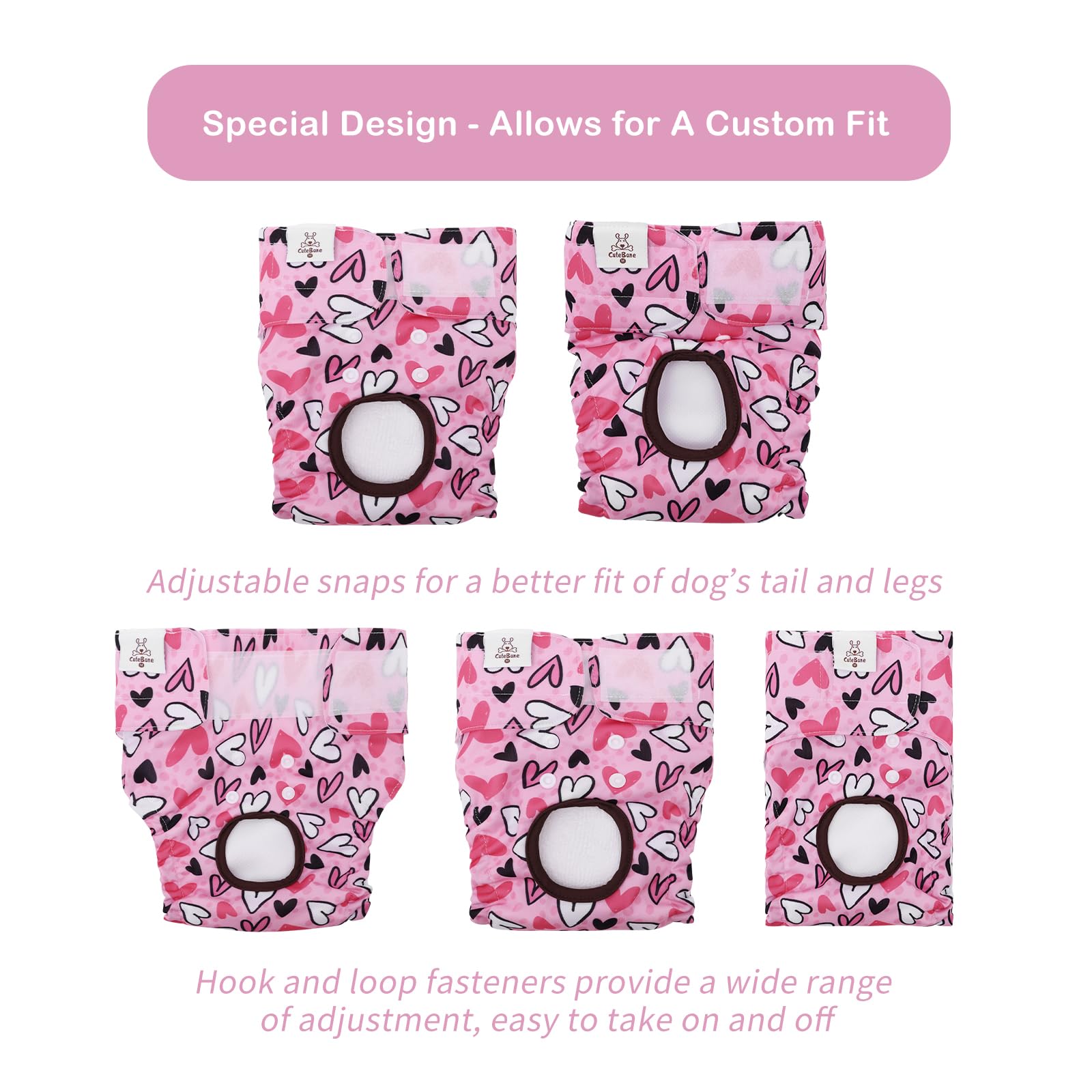 Pañales CuteBone con orificio de cola ajustable para posicionamiento cómodo.
