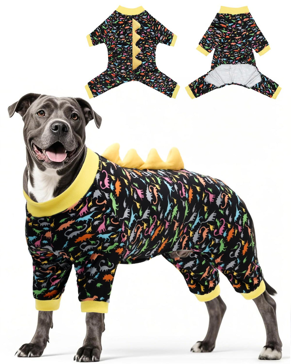 Pijama dinosaurio CuteBone para perro, visión frontal y comodidad para paseos.