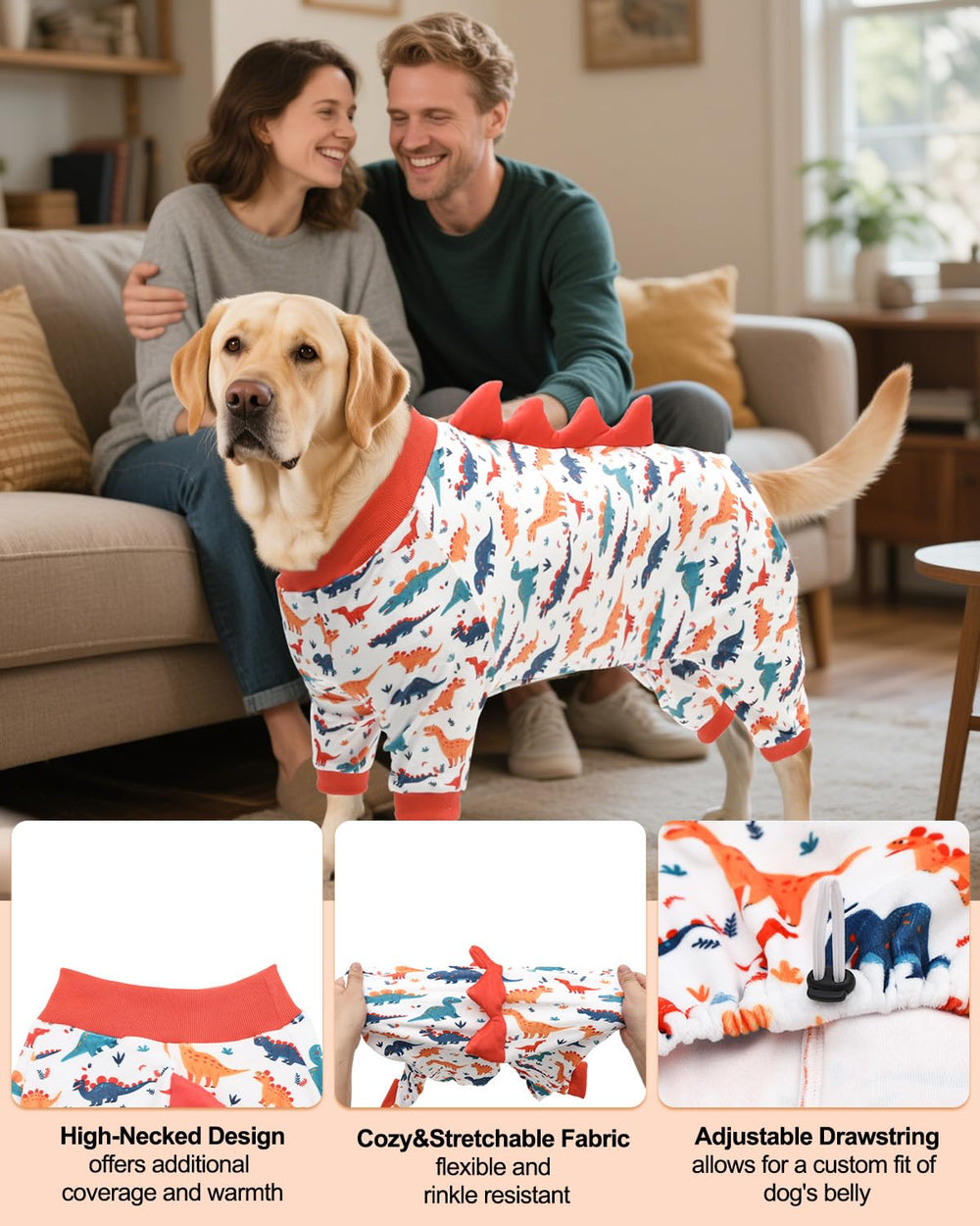 Cutebone pijama dinosaurio perro, textura elástica, tejido suave y adaptable.