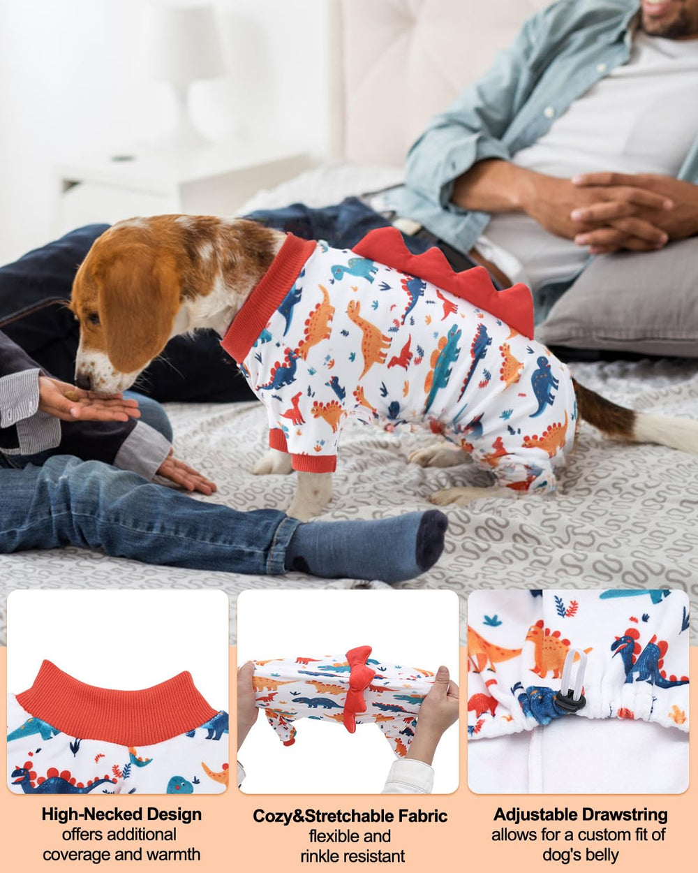 CuteBone Pijama Dinosaurio para Perro, vista trasera con cuernos divertidos para fotos.