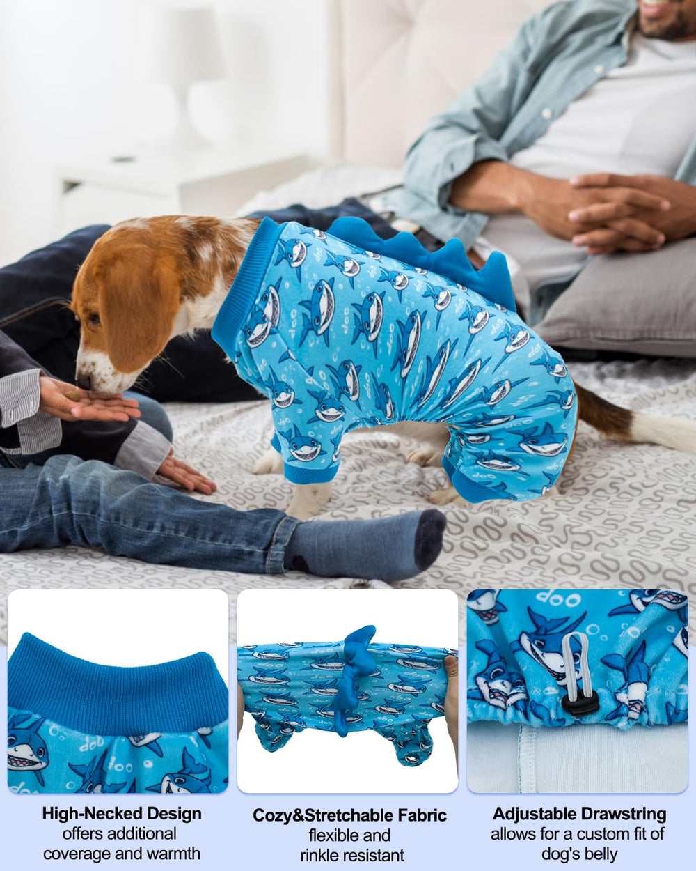 CuteBone Pijama tiburón para perro, vista dorsal con cuernos para cosplay tierno.