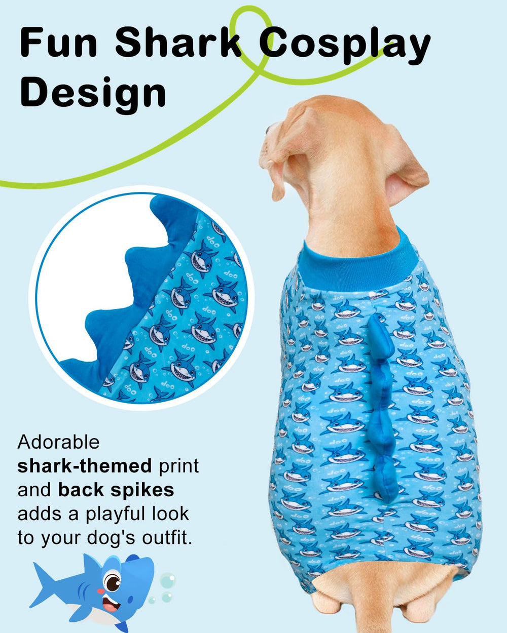 pijama tiburon de cutebone para perro, vista trasera, diseño jugueton ideal para fotos.