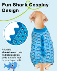 pijama tiburon de cutebone para perro, vista trasera, diseño jugueton ideal para fotos.