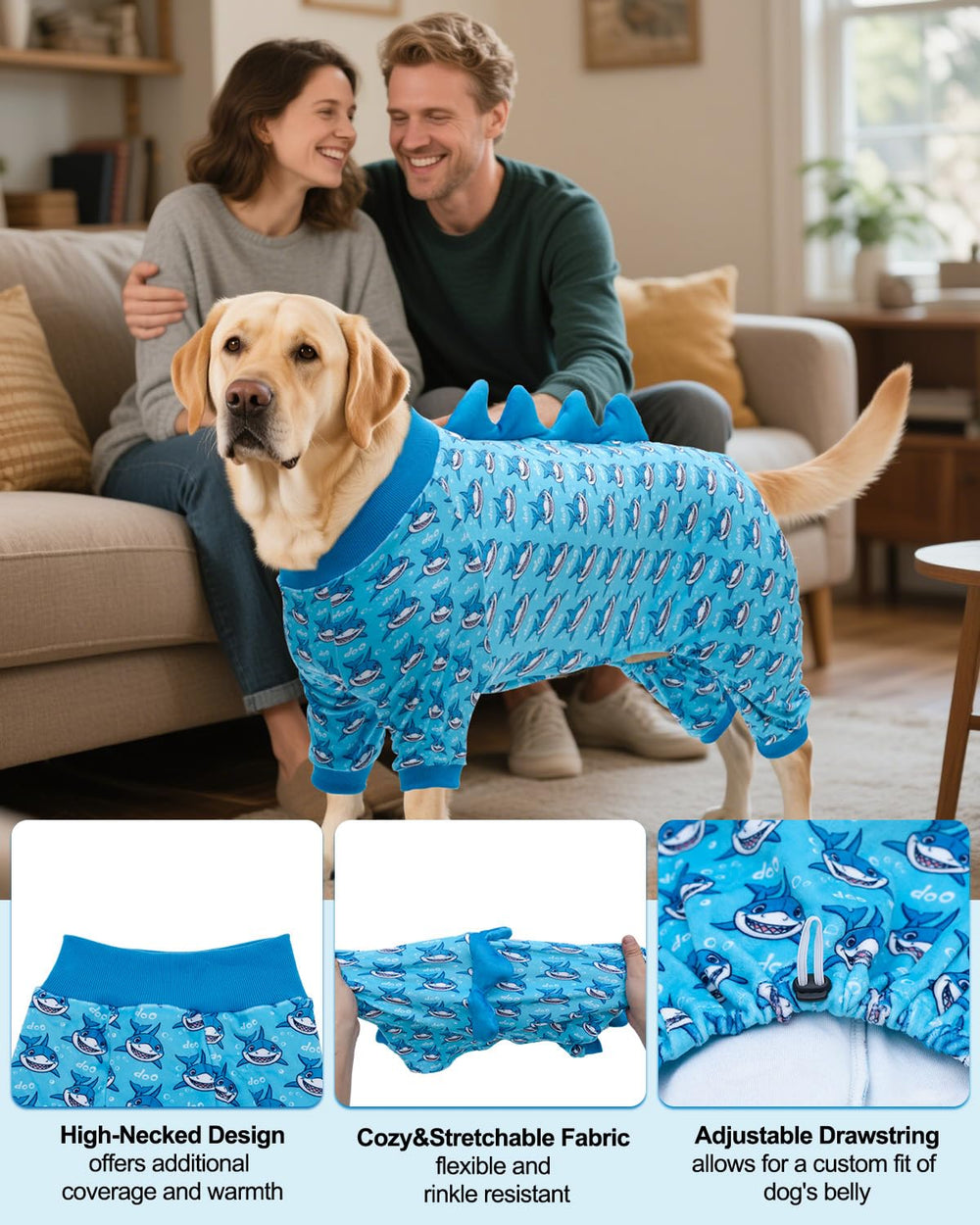 pijama tiburon de cutebone, textura licra cristal, ajuste cómodo para perros activos.