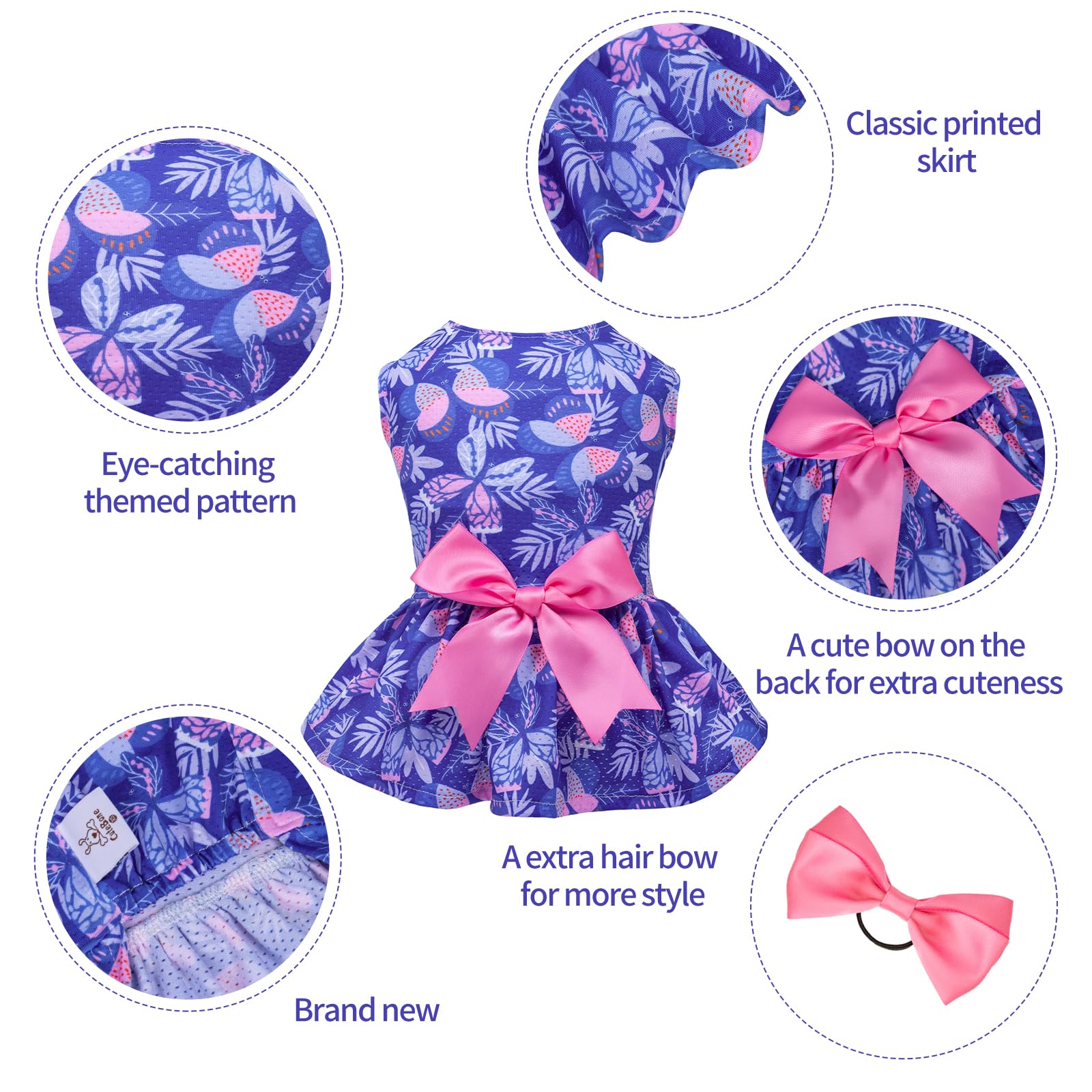Detalle de diseño fácil de poner de CuteBone en el vestido para perros pequeños.