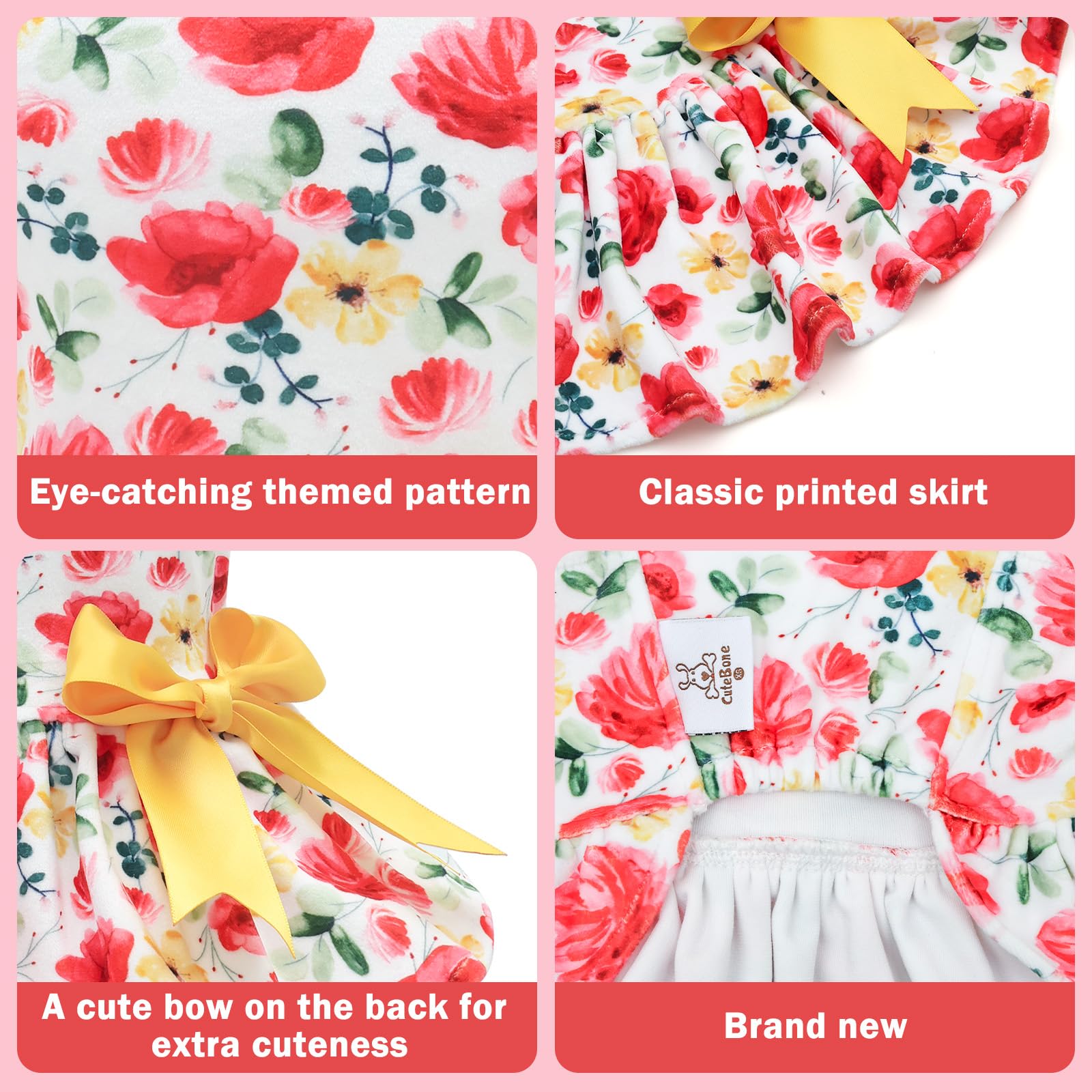CuteBone vestido de terciopelo para perro pequeño, vista trasera con lazo