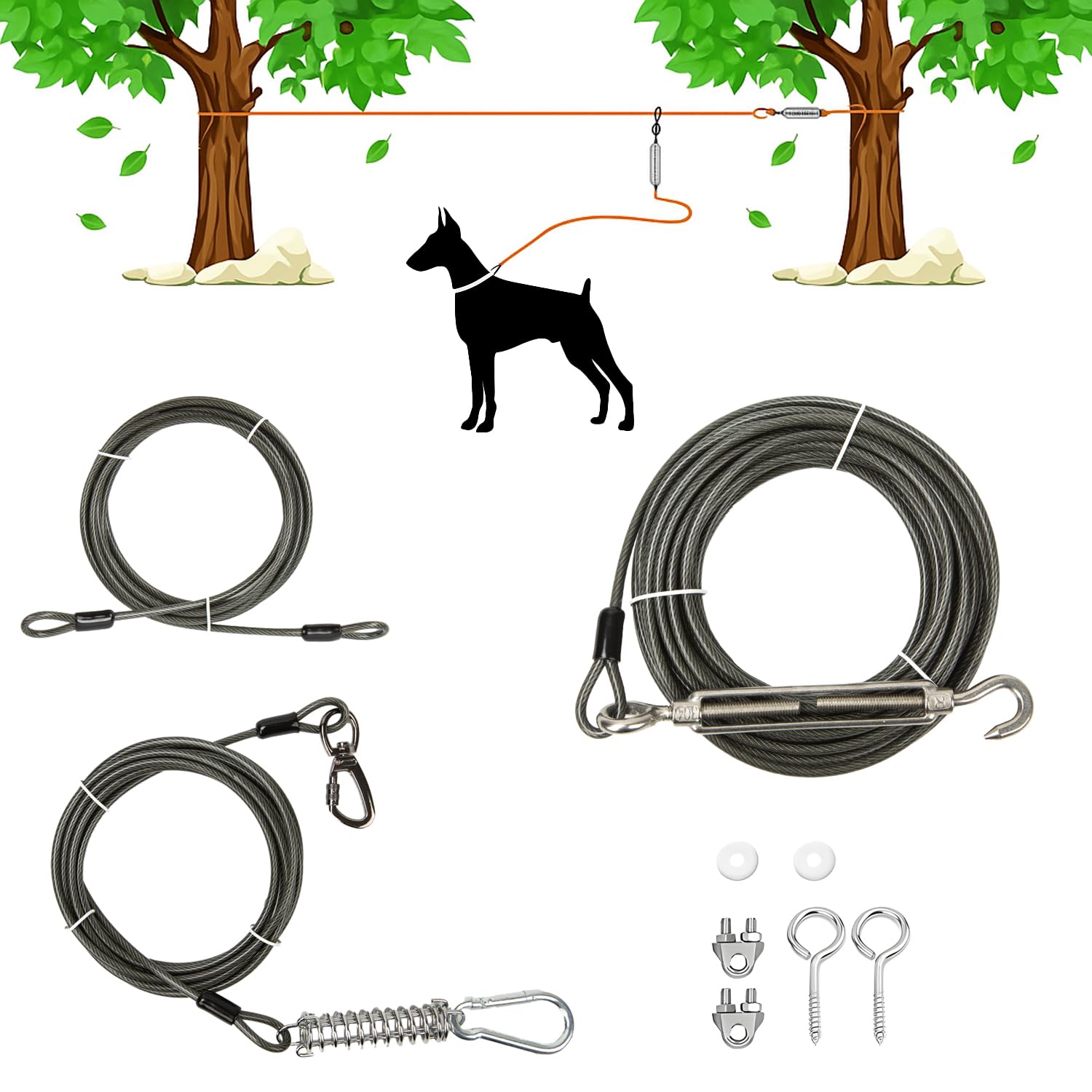 Cwlovys sistema cable tie-out para perros en jardín, seguridad y libertad al aire libre.
