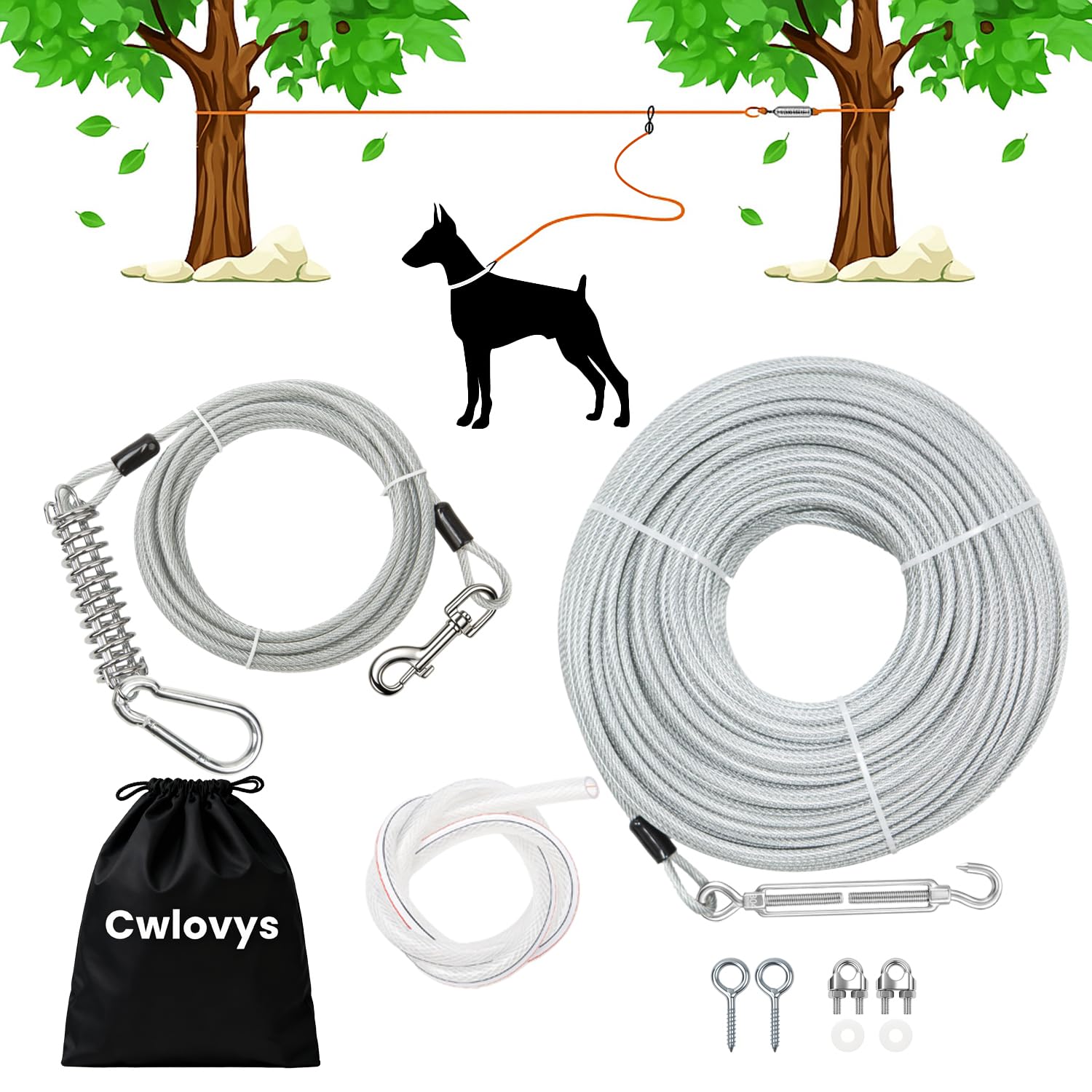 Cwlovys tirolina para perros 150 ft en patio, libertad controlada.