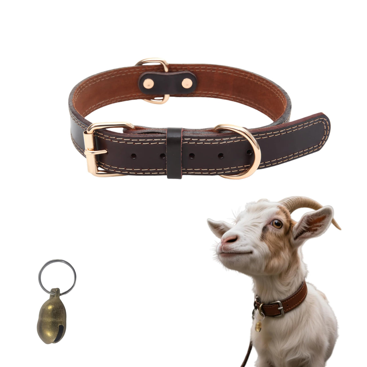 Cwyza collar de cuero genuino para cabras con campana, duradero para uso diario.