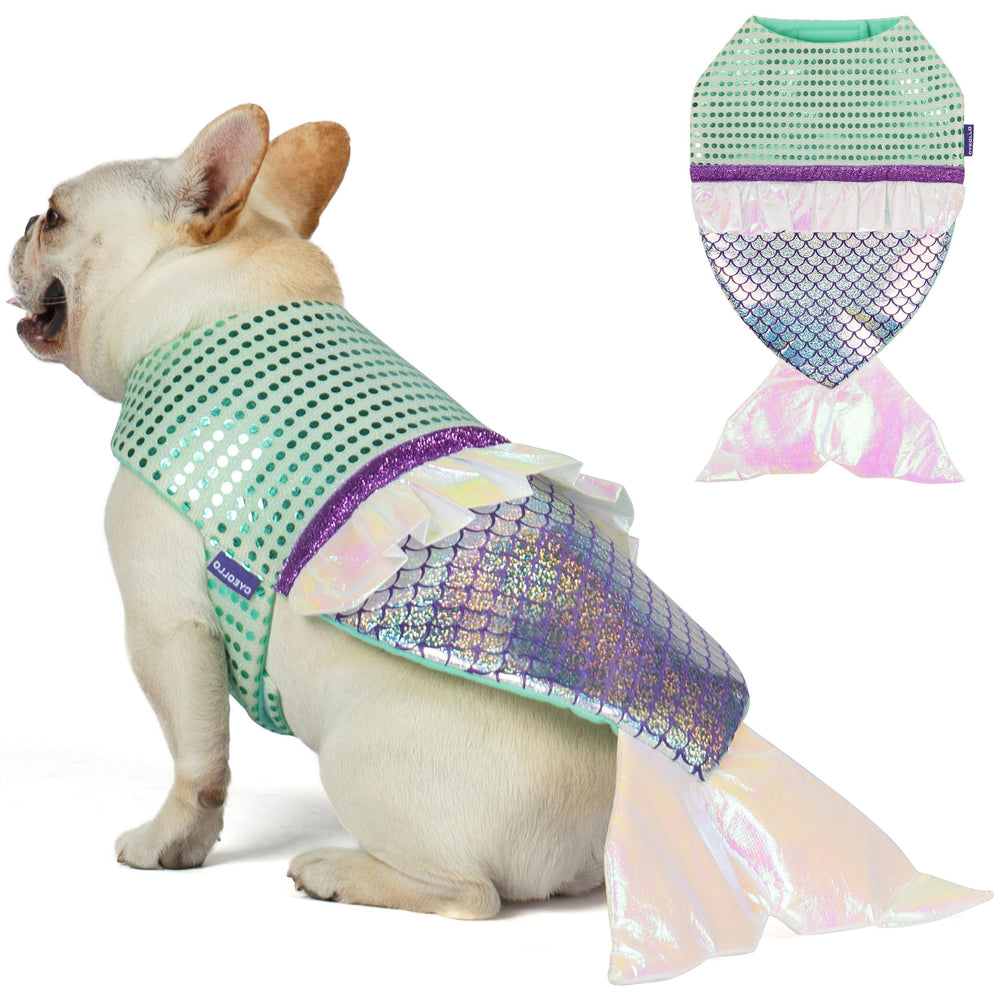 cyeollo disfraz sirena para perro, brillos visibles en vista frontal.
