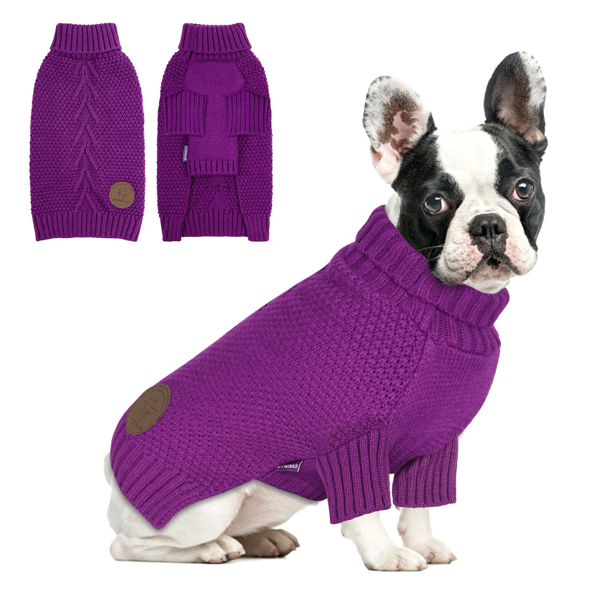 Sudadera cyeollo para perro con cuello alto morado ampara el cuerpo y aporta calidez.