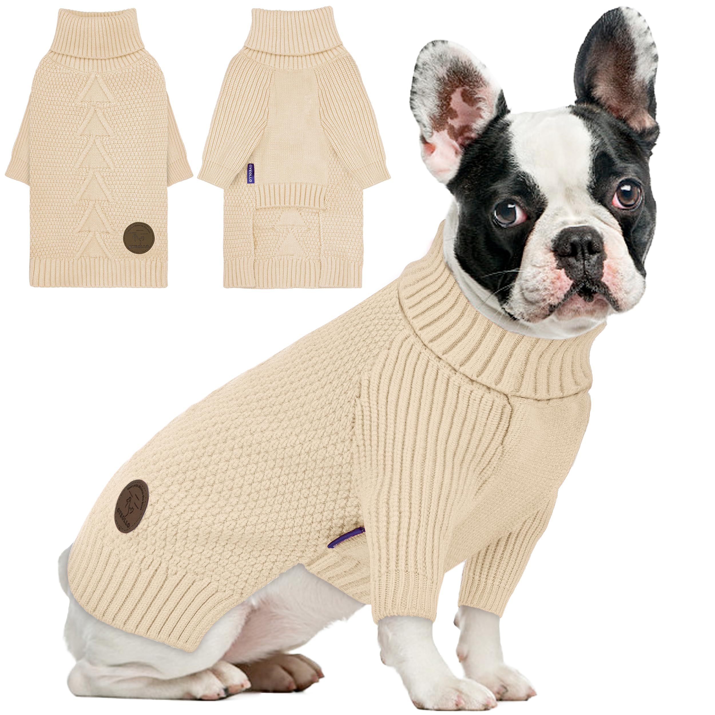 cyeollo suéter perro cuello alto beige frontal: paseos fríos confortables.