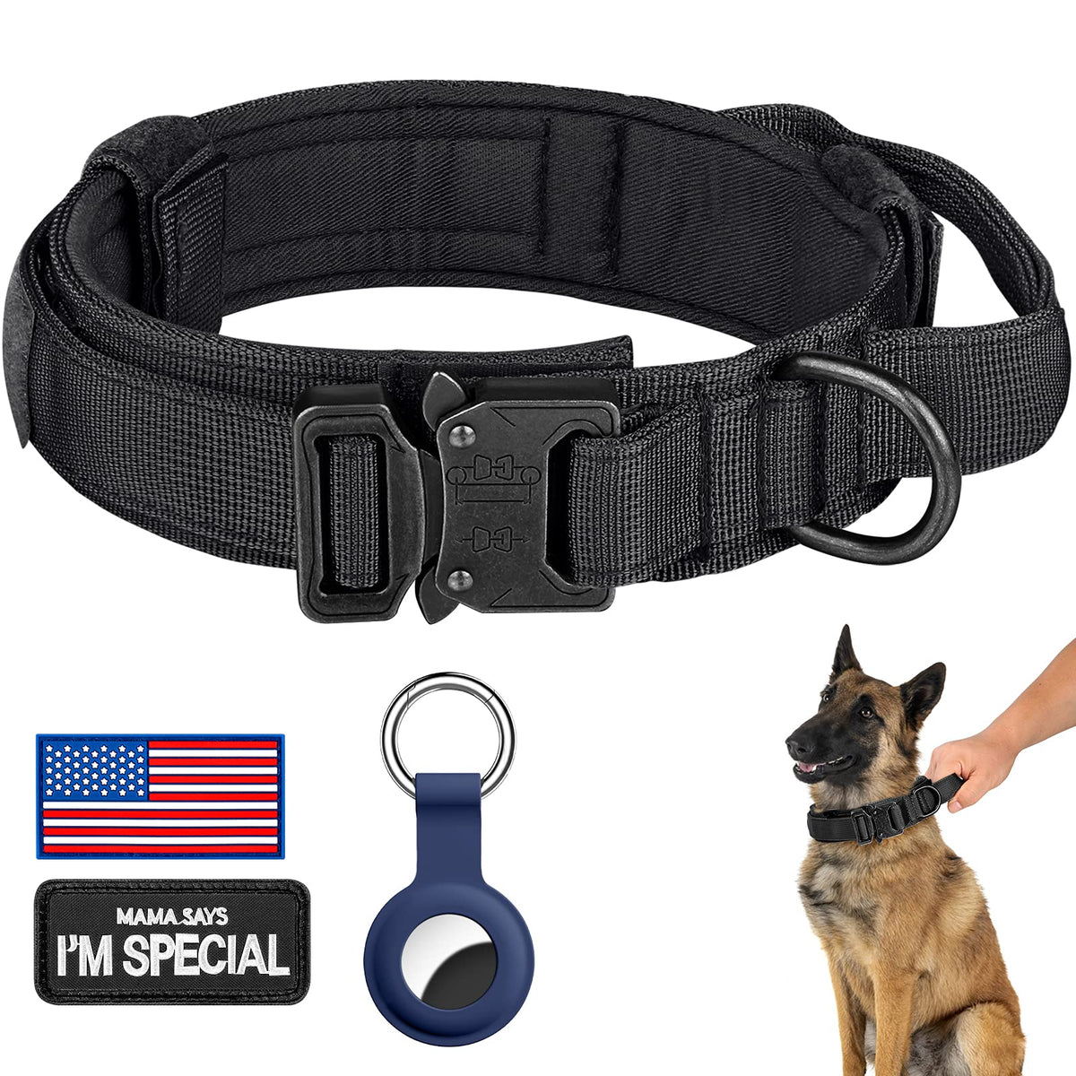 Collar táctico Daganxi con hebilla metálica para perros XL negro, uso seguro y rápido.