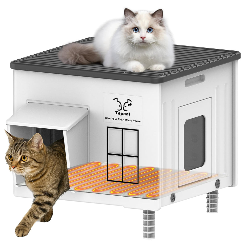 Dahivs casa-gato-calentada-exterior-frente: refugio cálido para gatos al aire libre.