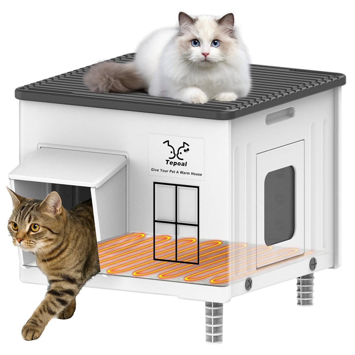 Dahivs casa-gato-calentada-exterior-frente: refugio cálido para gatos al aire libre.