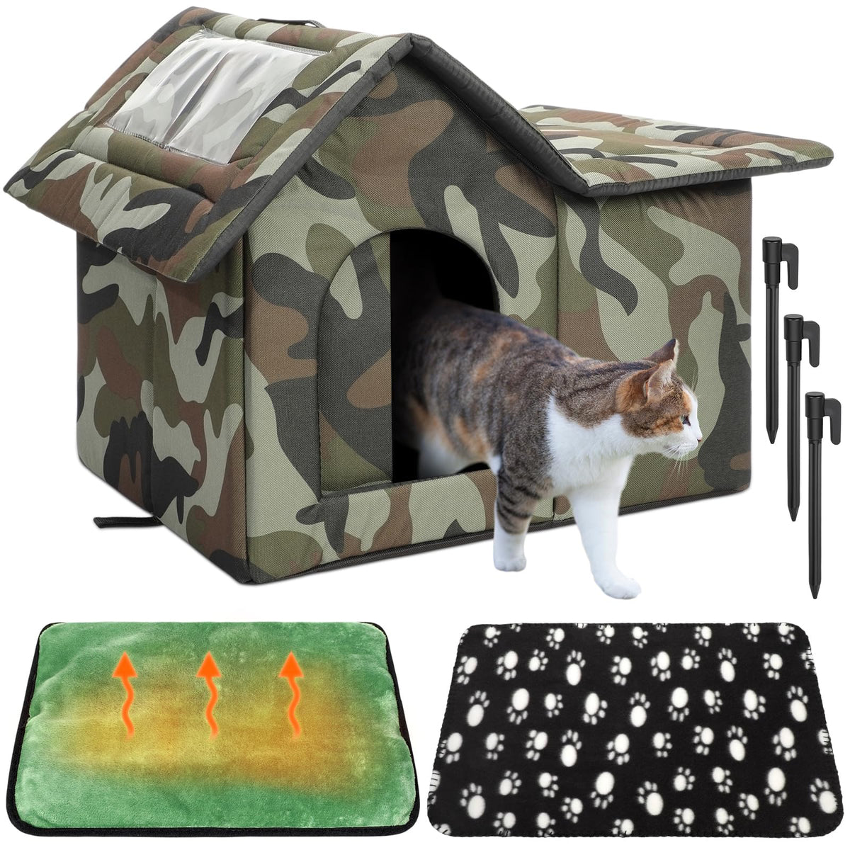 Dansydaisy casa de gato exterior con cortina ofrece refugio contra el viento