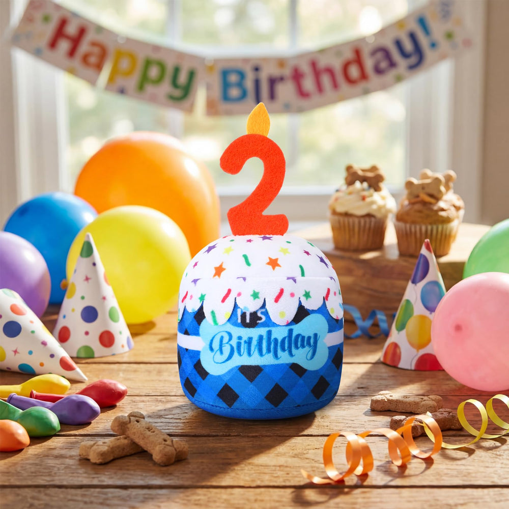 Dansydaisy juguete-cumpleanos-perro azul cuadritos, ideal para fotos y fiestas.