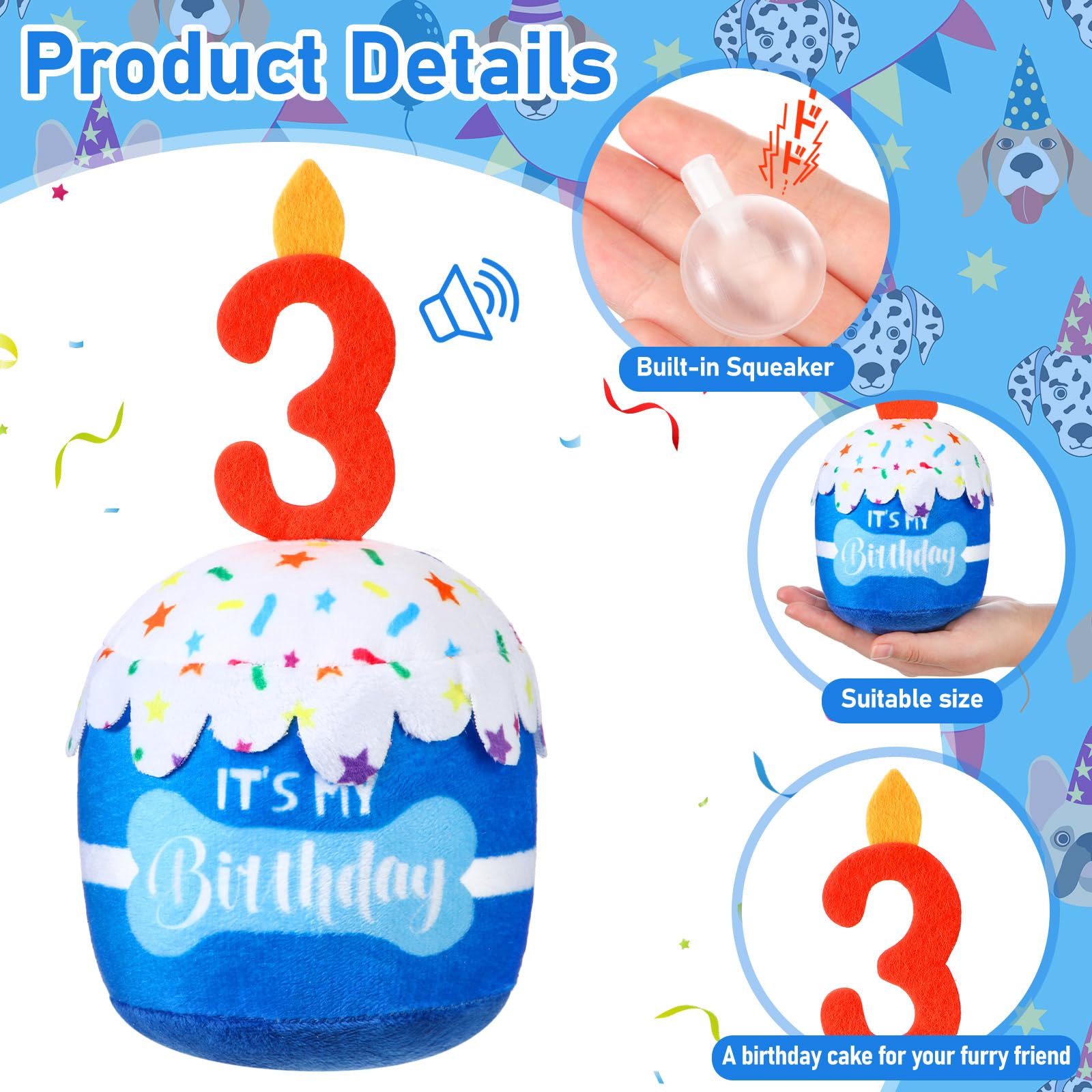 Dansydaisy juguete-cumpleaños-perro-azul-detalle crema, fomenta juego interactivo.