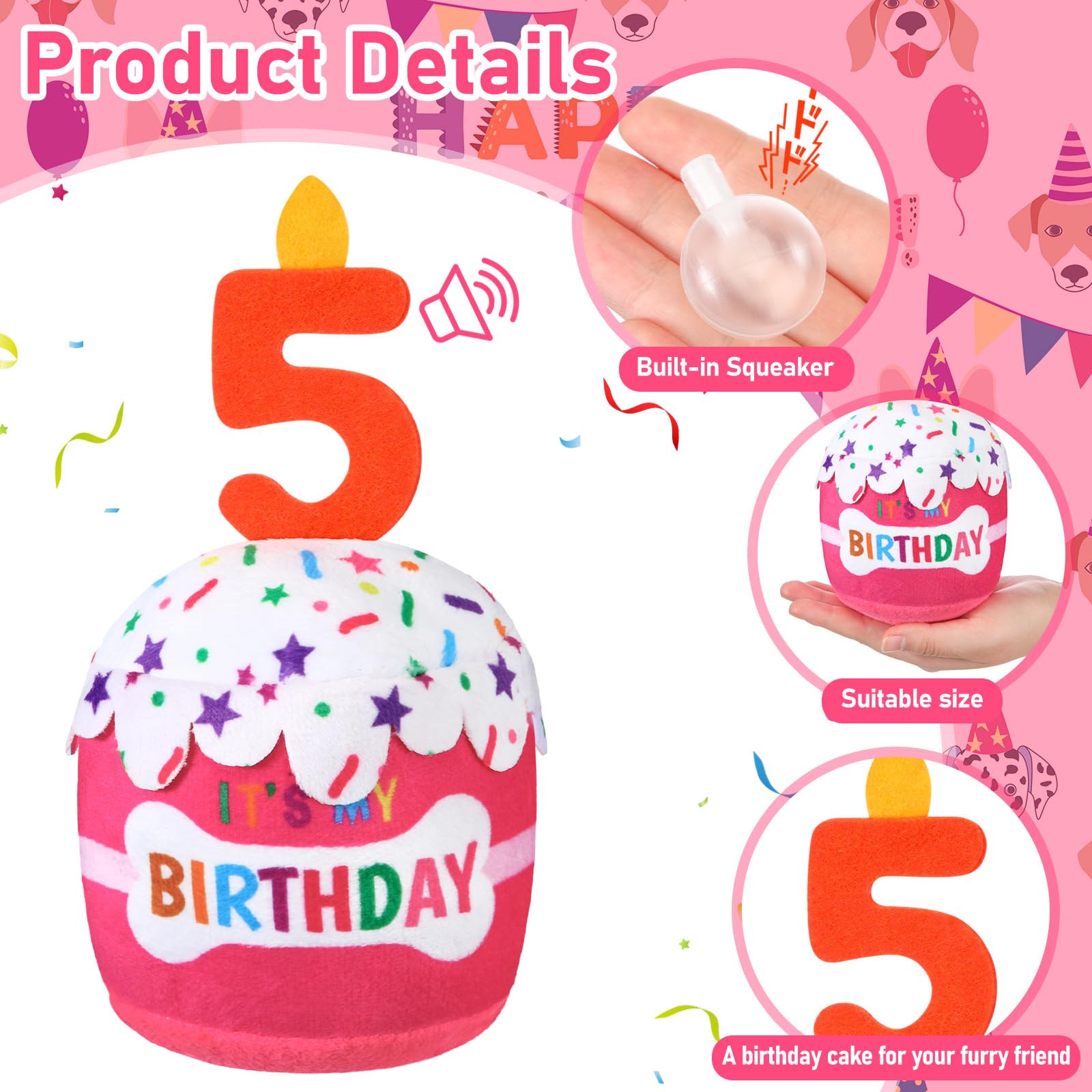 Dansydaisy juguete-peluche-cumpleanos-perro-sonoro: textura suave y sonido divertido al apretar.