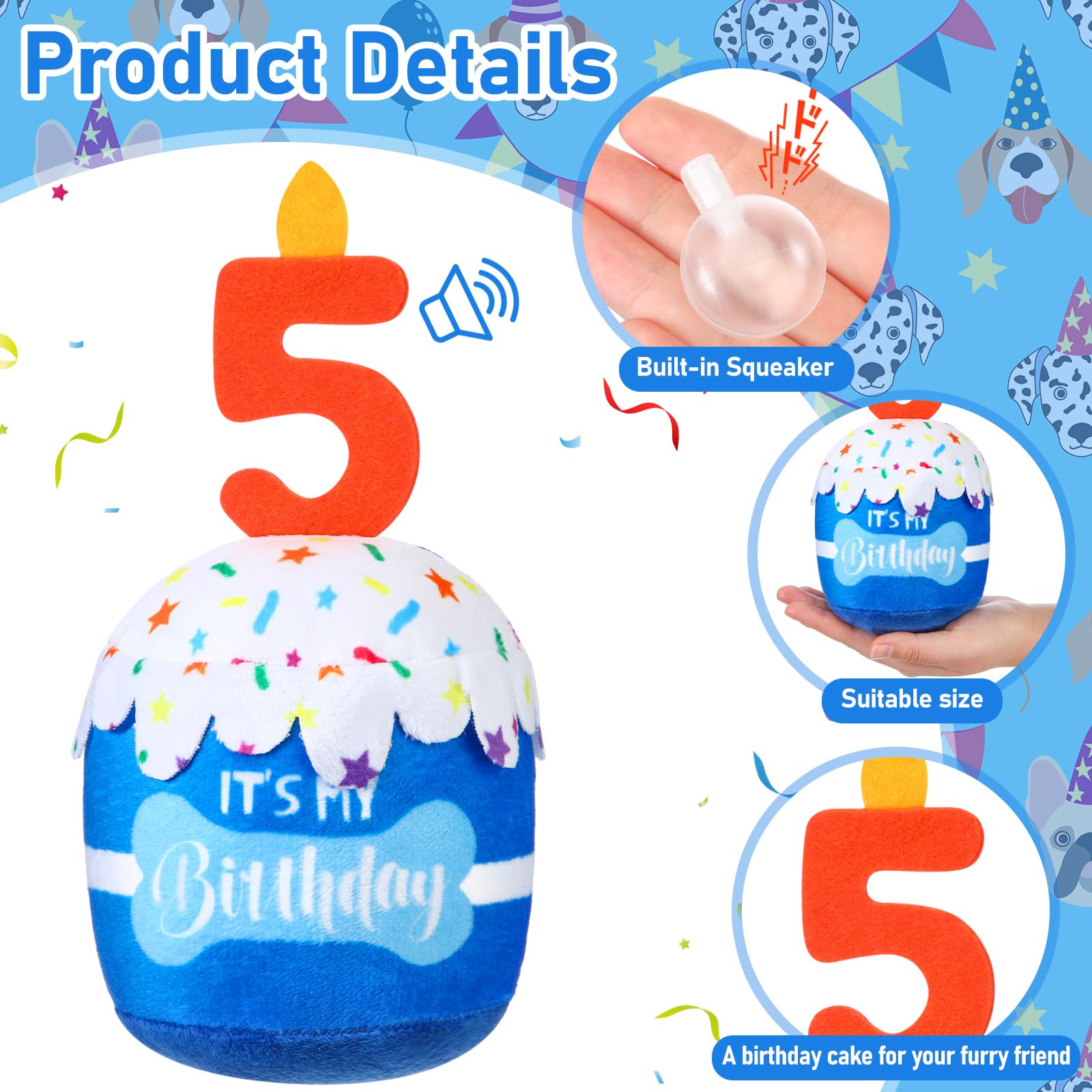 Dansydaisy juguete azul de cumpleaños para perro, enfoque en diseño 3D para fiesta.
