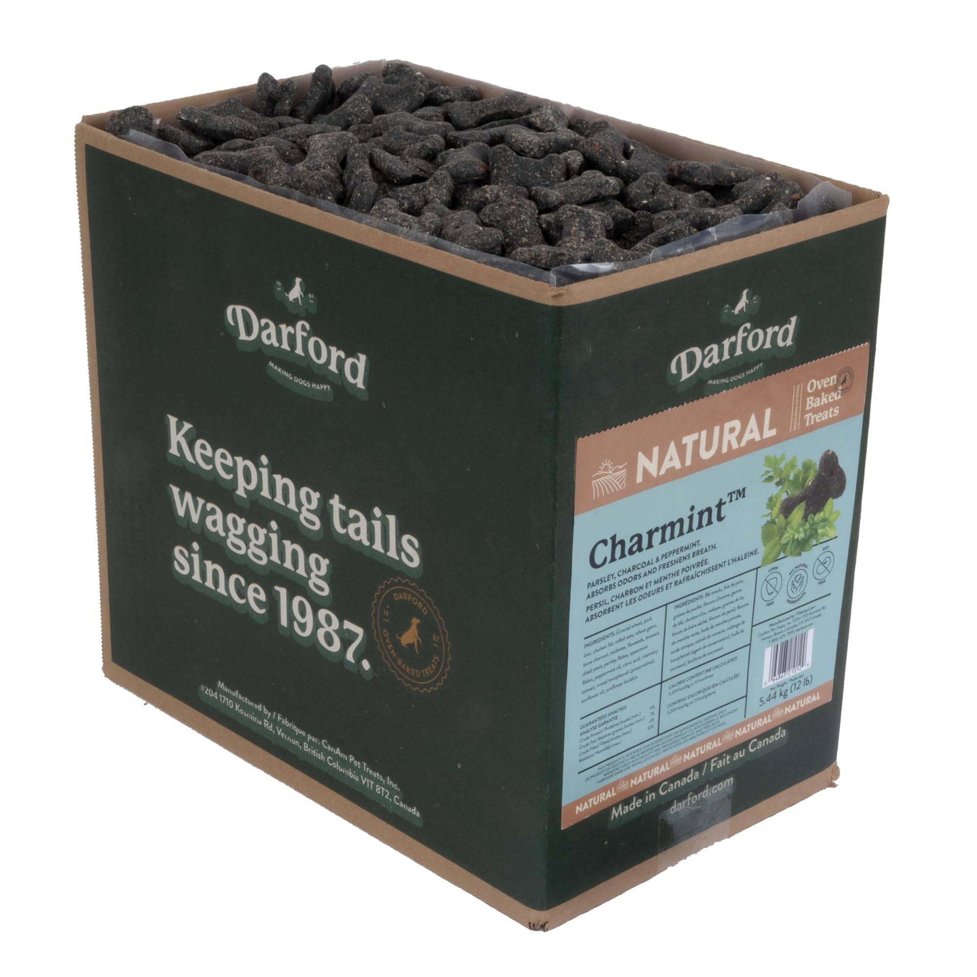 Darford Natural Charmint frente al envase, snack crujiente de hueso mini para perros pequeños.