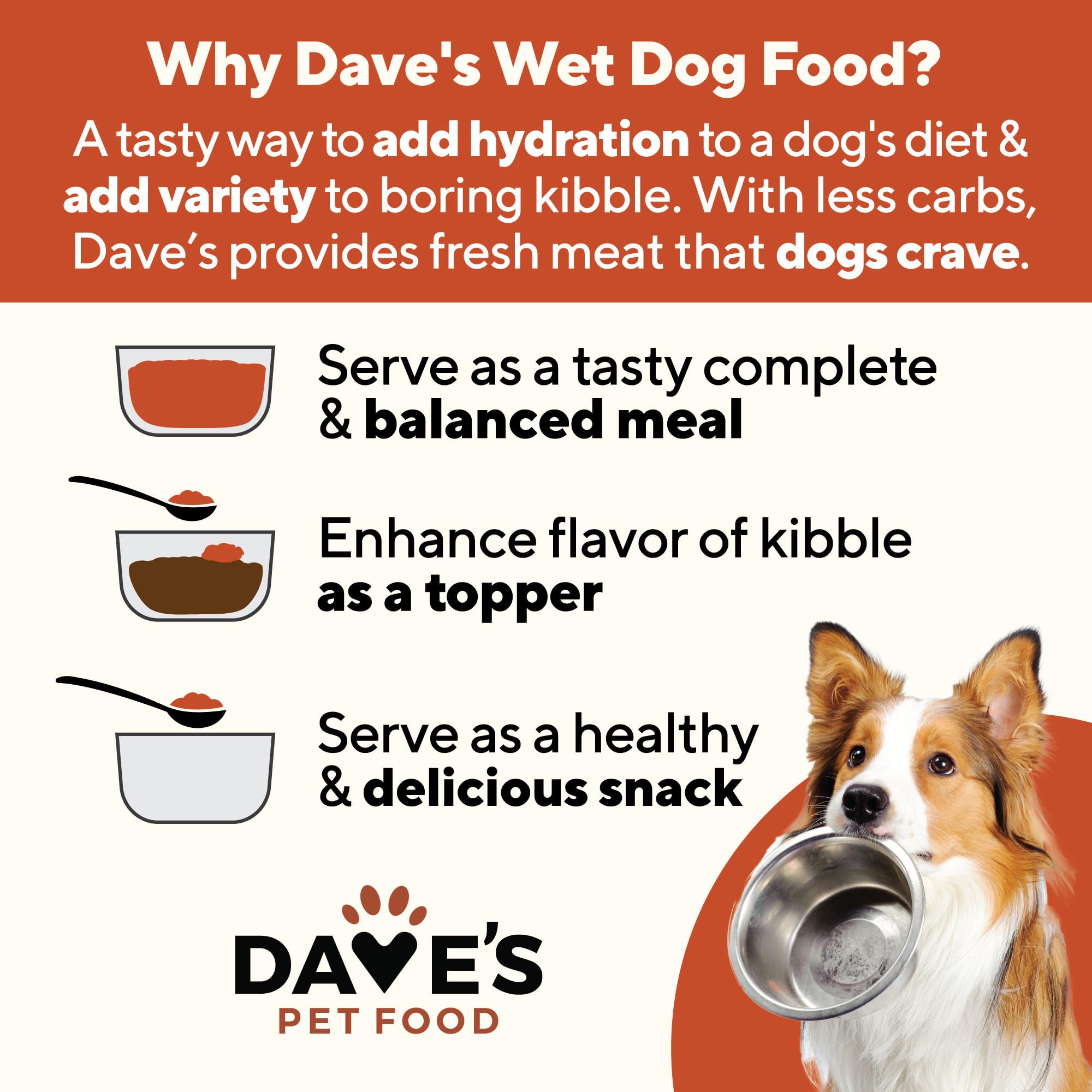 Dave's Pet Food muestra la etiqueta con ingredientes y proteína de pollo.