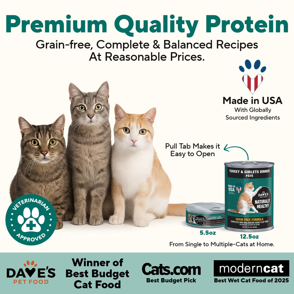 Dave's Pet Food Gato Pavo y Menudillos Pate sin granos, opción conveniente.