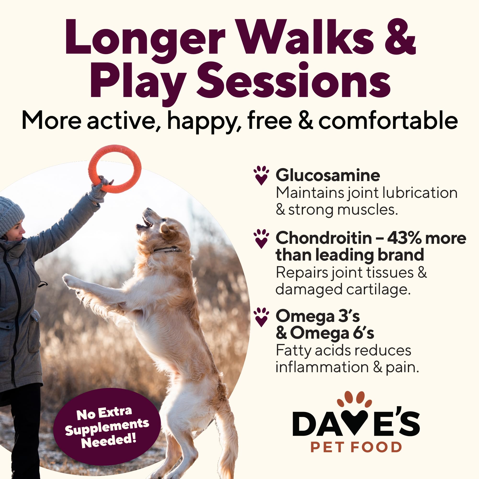 Dave's Pet Food Glucosamina Condroitina: apoyo a la movilidad en la rutina diaria.